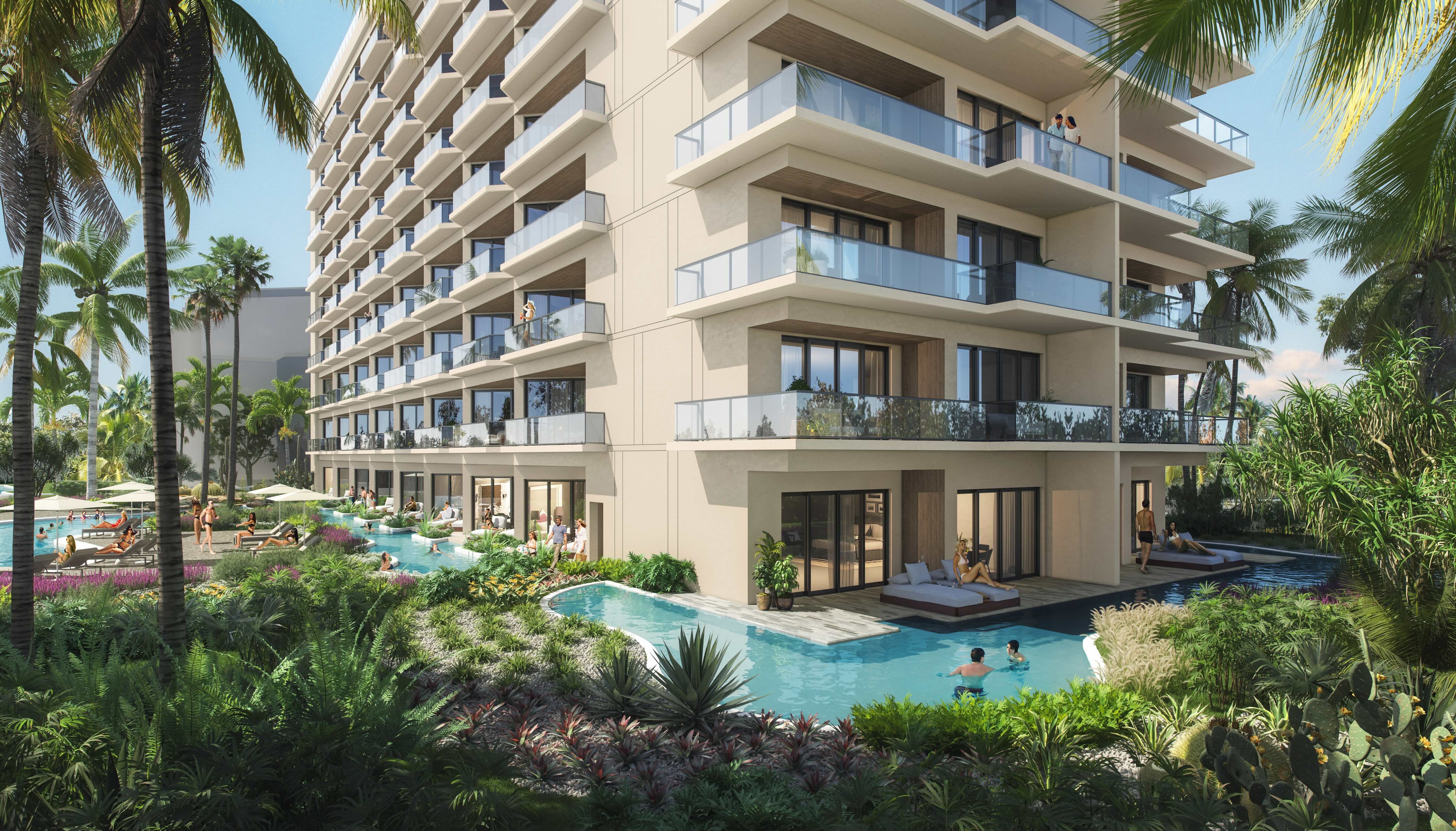 The Westerly, Hilton Aruba Caribbean Resort & Casino - Swim Up Rendering, The Westerly tower exterior - rooms with balconies, swim-up pools, greenery and palm trees