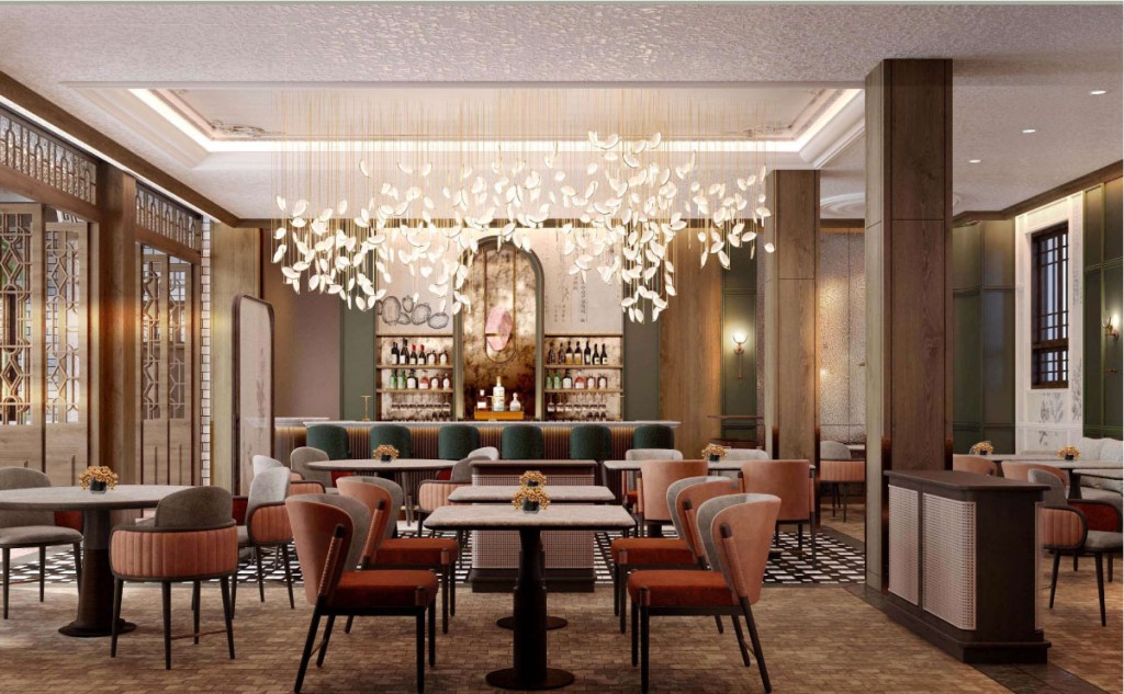 Xi Zhe Wuxi, Curio Collection by Hilton - Restaurant rendering with tables and chairs, bar area, light feature