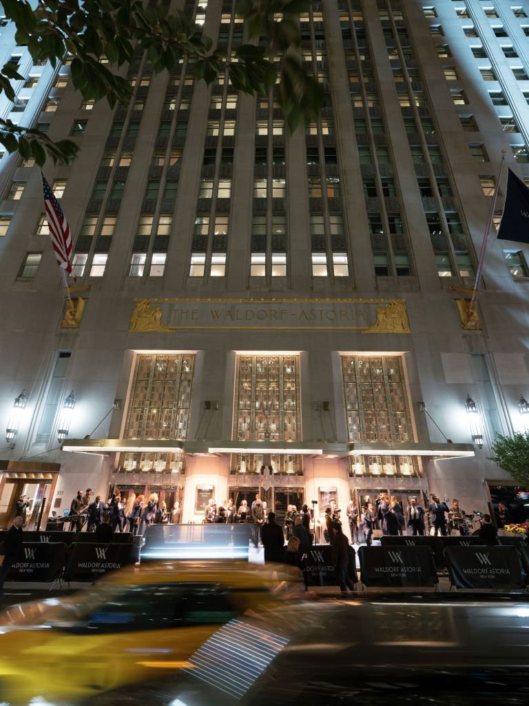 Exterior of Waldorf Astoria New York Opening at night, November 6, 2025 (Photo Credit: Corbin Gurkin Photography)