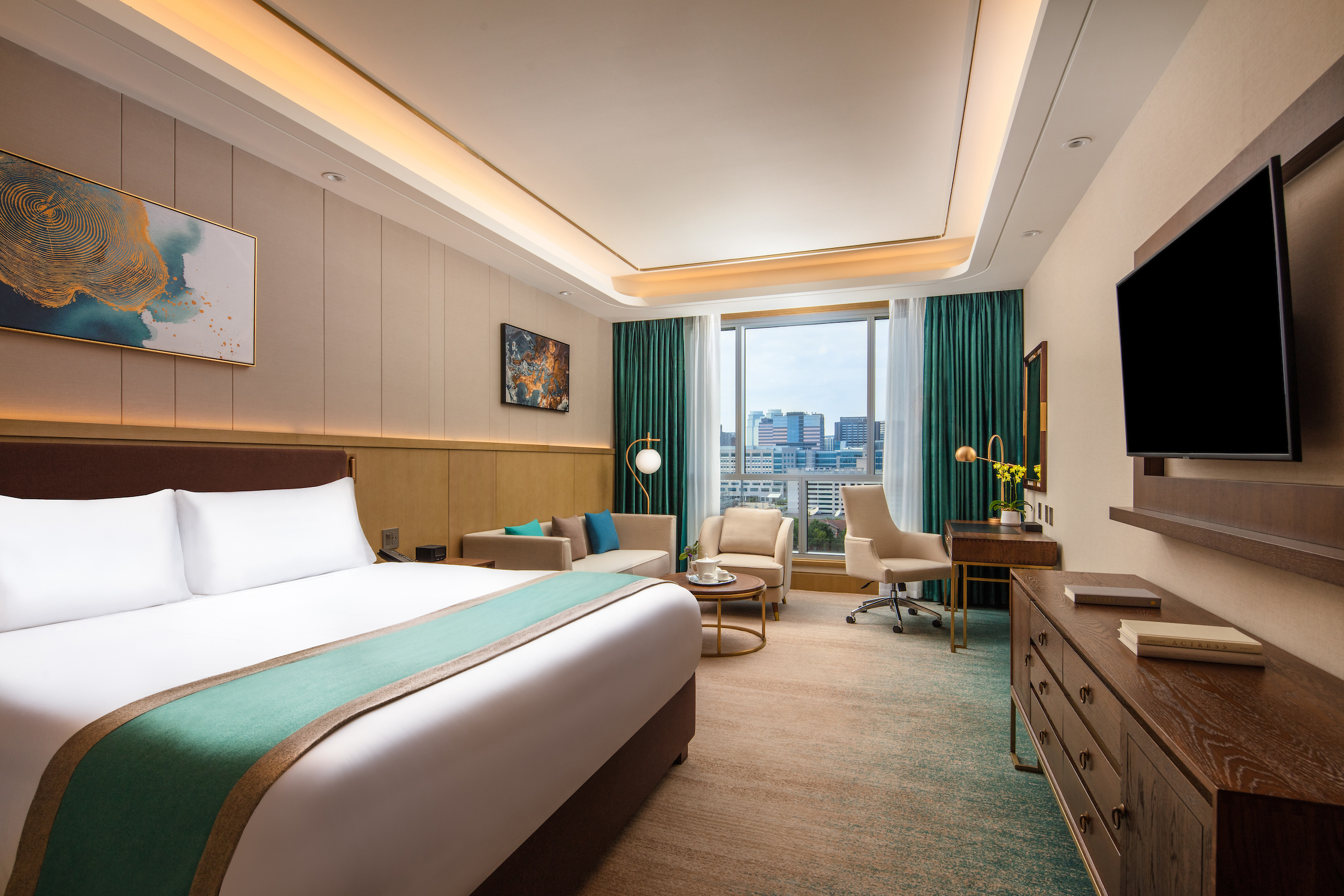 A room with bed, couch, desk, dresser, and tv