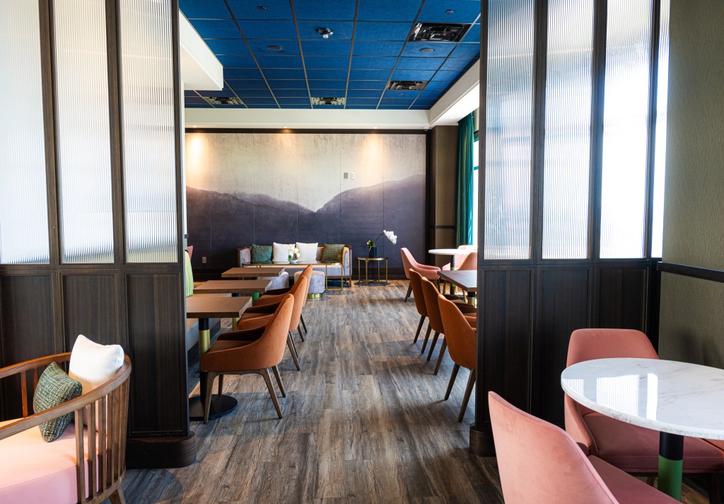 A dining room with various seating options