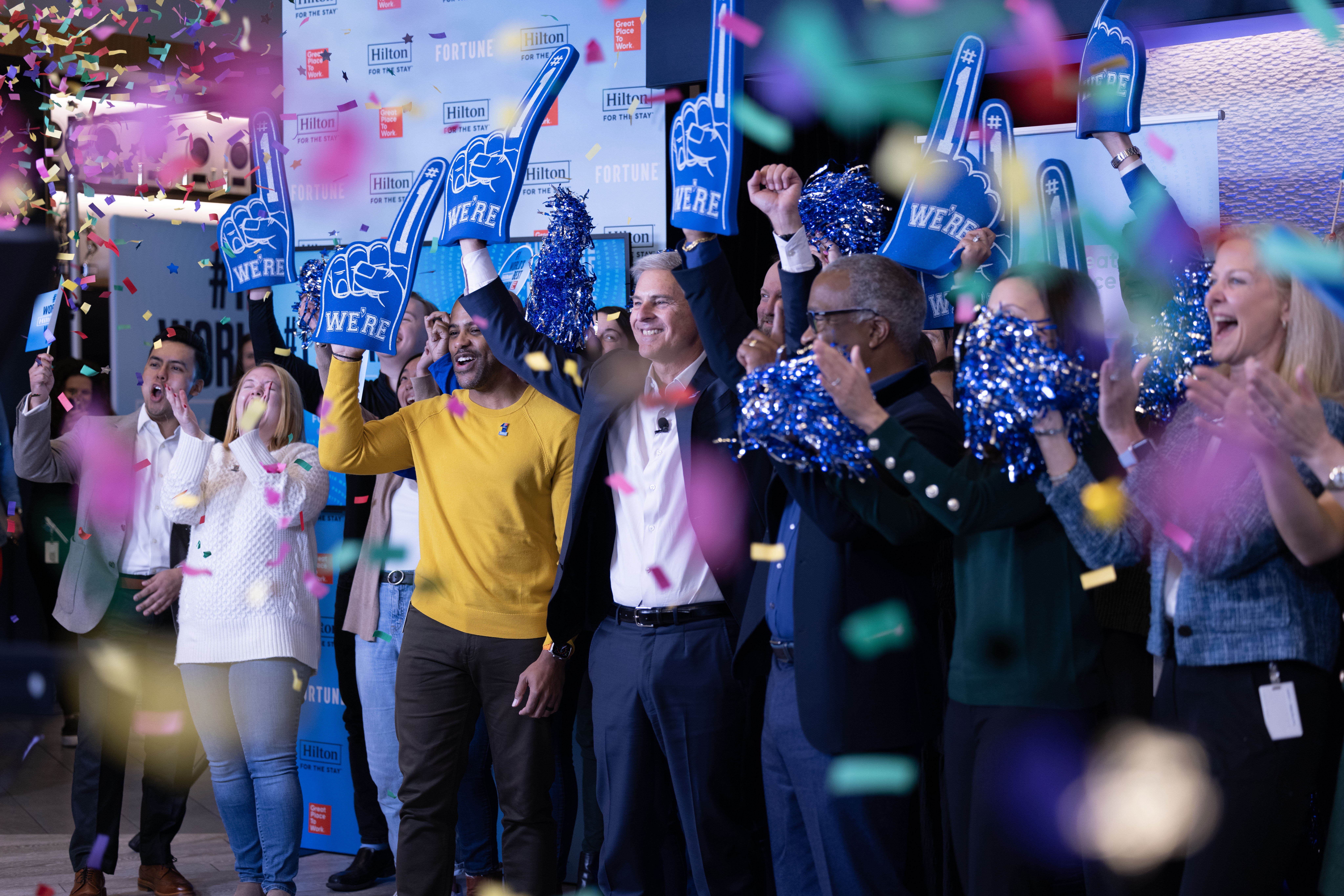 Hilton World's Best Workplace celebration Hilton employees celebrating as confetti falls