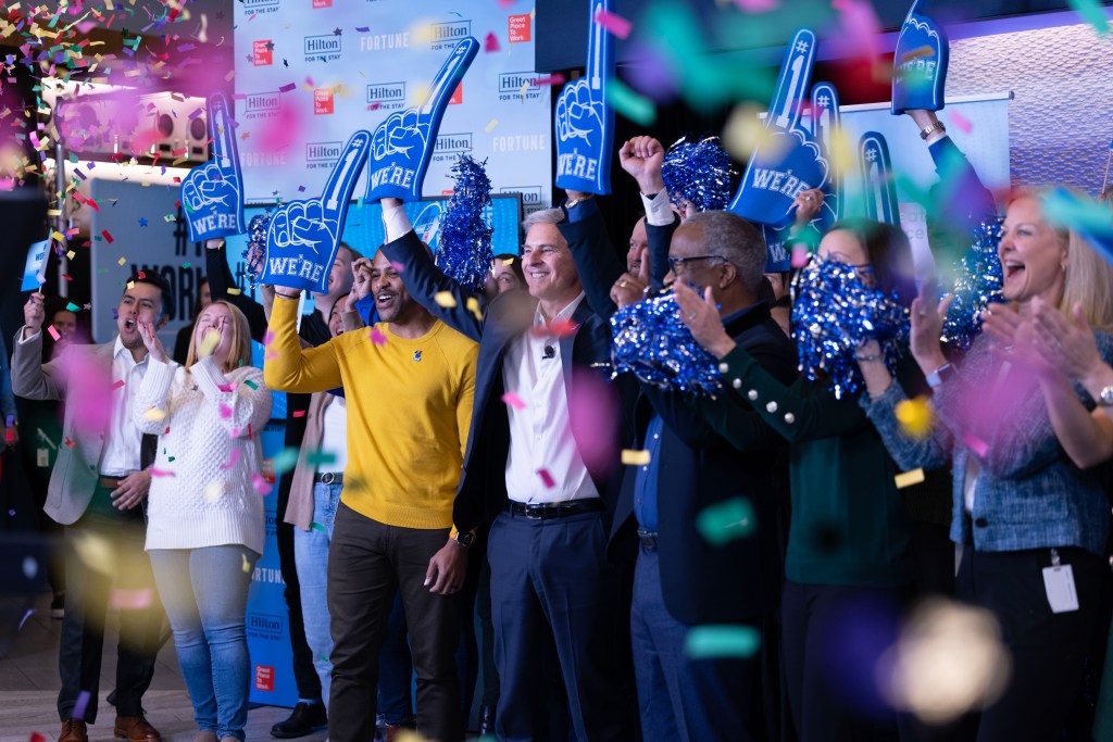 Hilton World's Best Workplace celebration Hilton employees celebrating as confetti falls