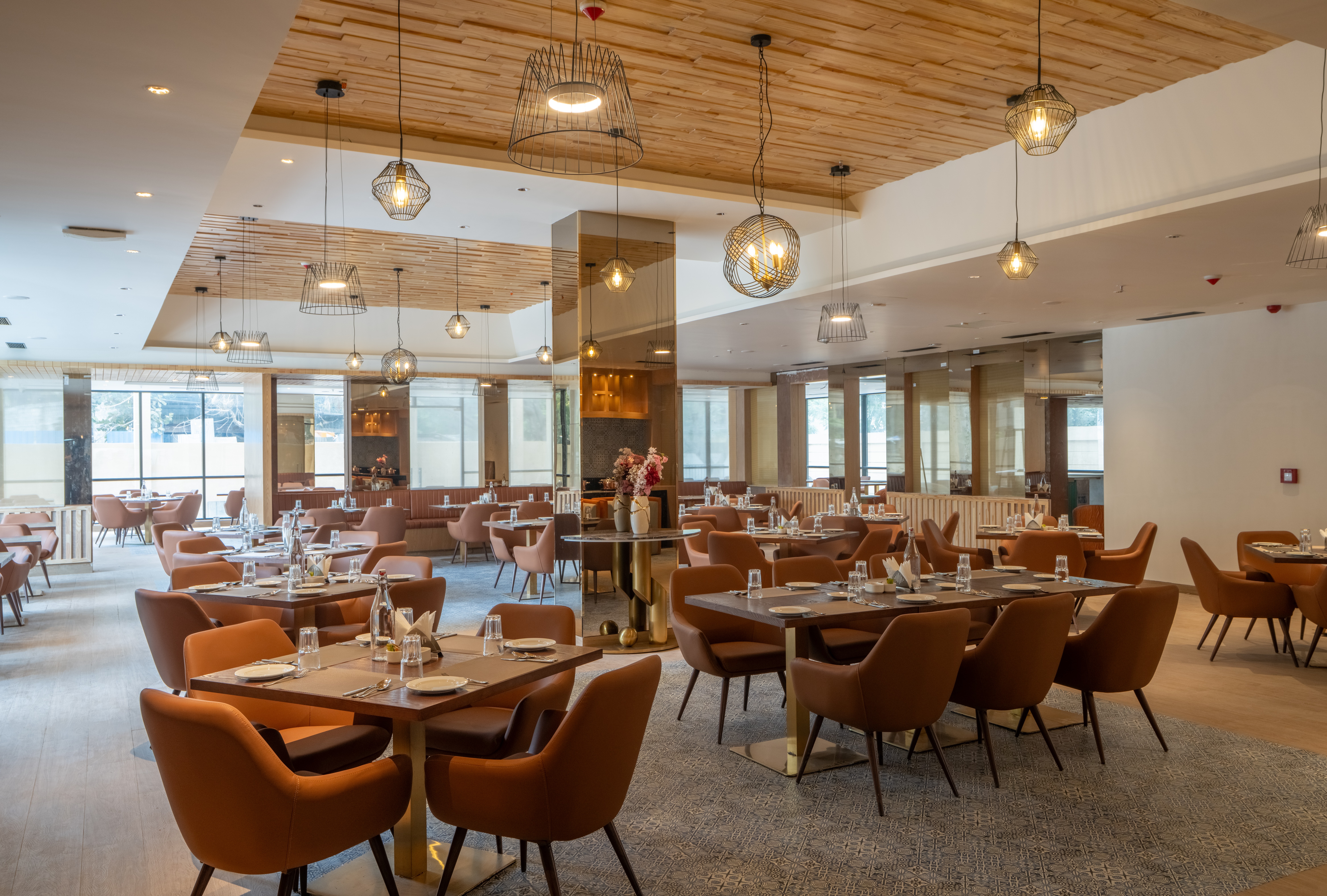 A warmly accented dining room