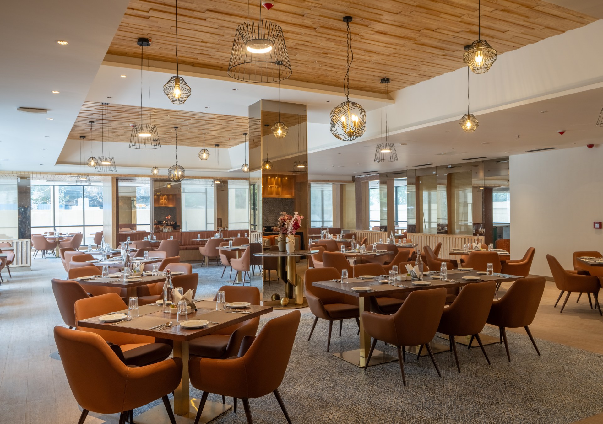 A warmly accented dining room