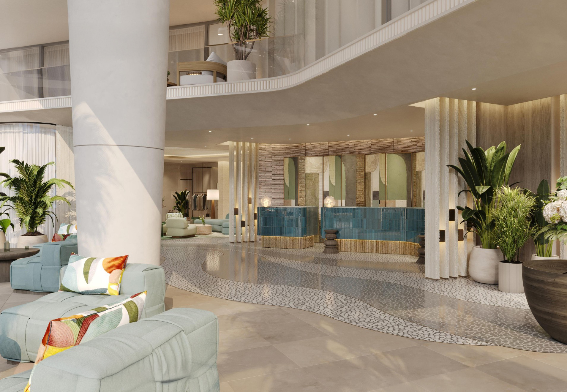 The light and airy lobby, with 2 reception desk, and several seating areas scattered throughout