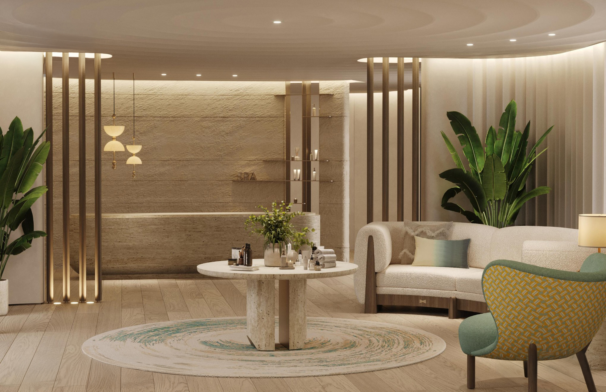 A calming reception area with front desk, and seating area