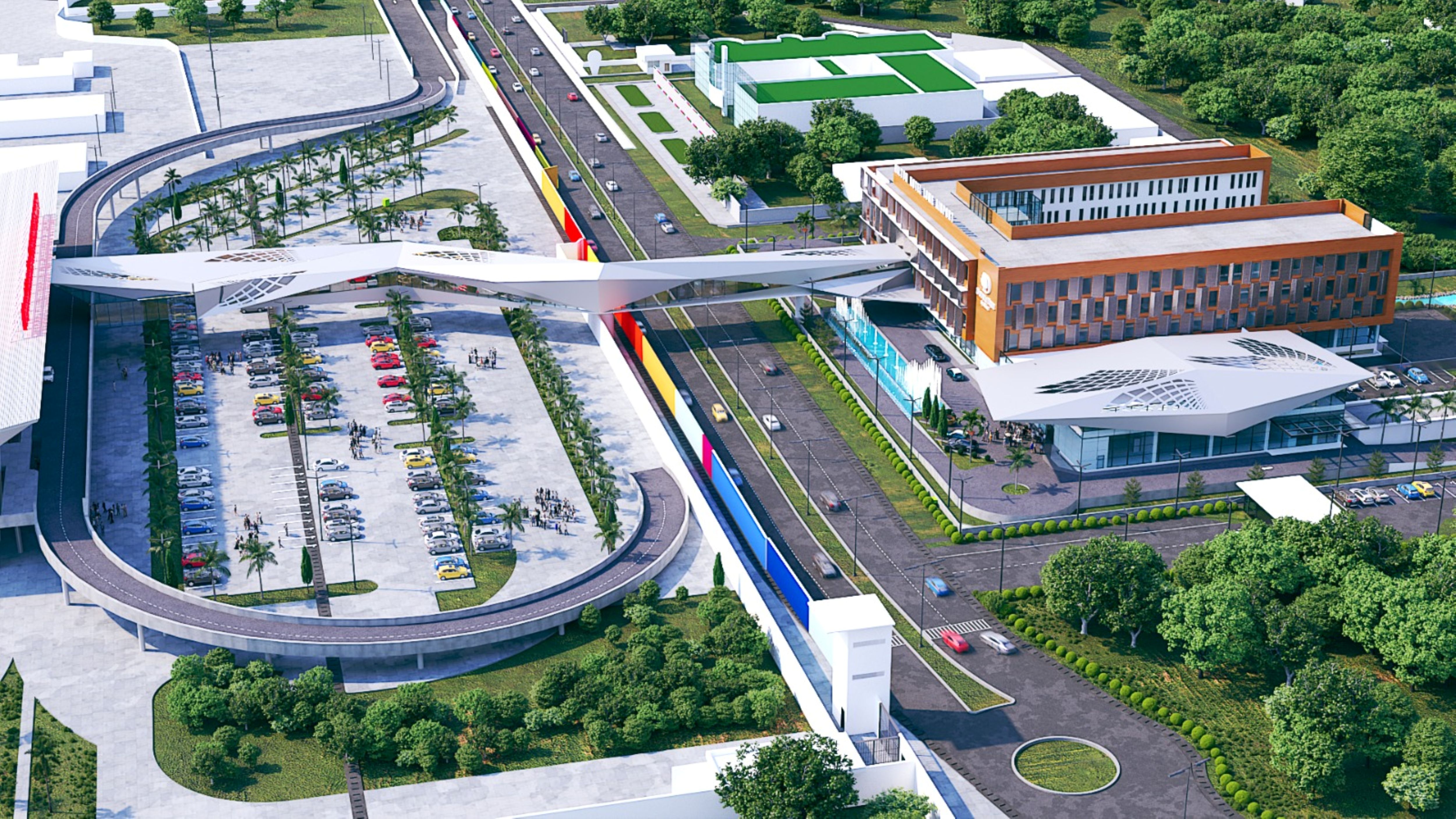 An aerial shot of the exterior of the hotel