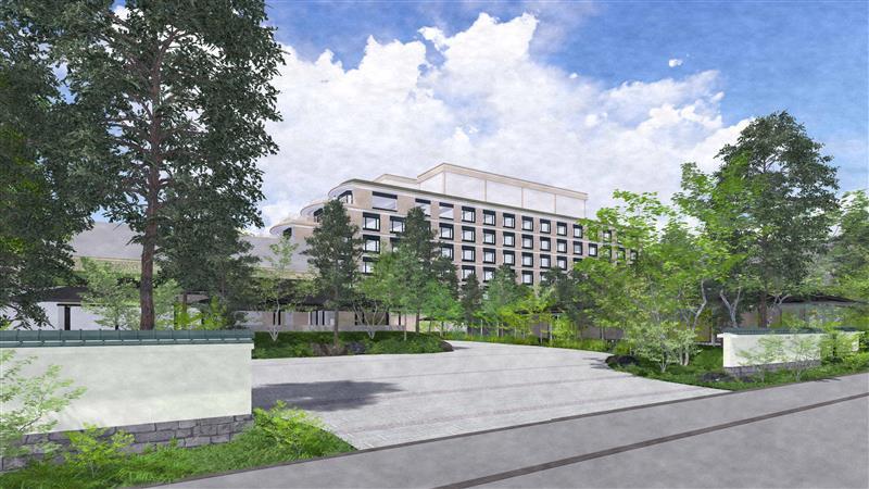 A rendering of the exterior of the hotel, surrounded by trees