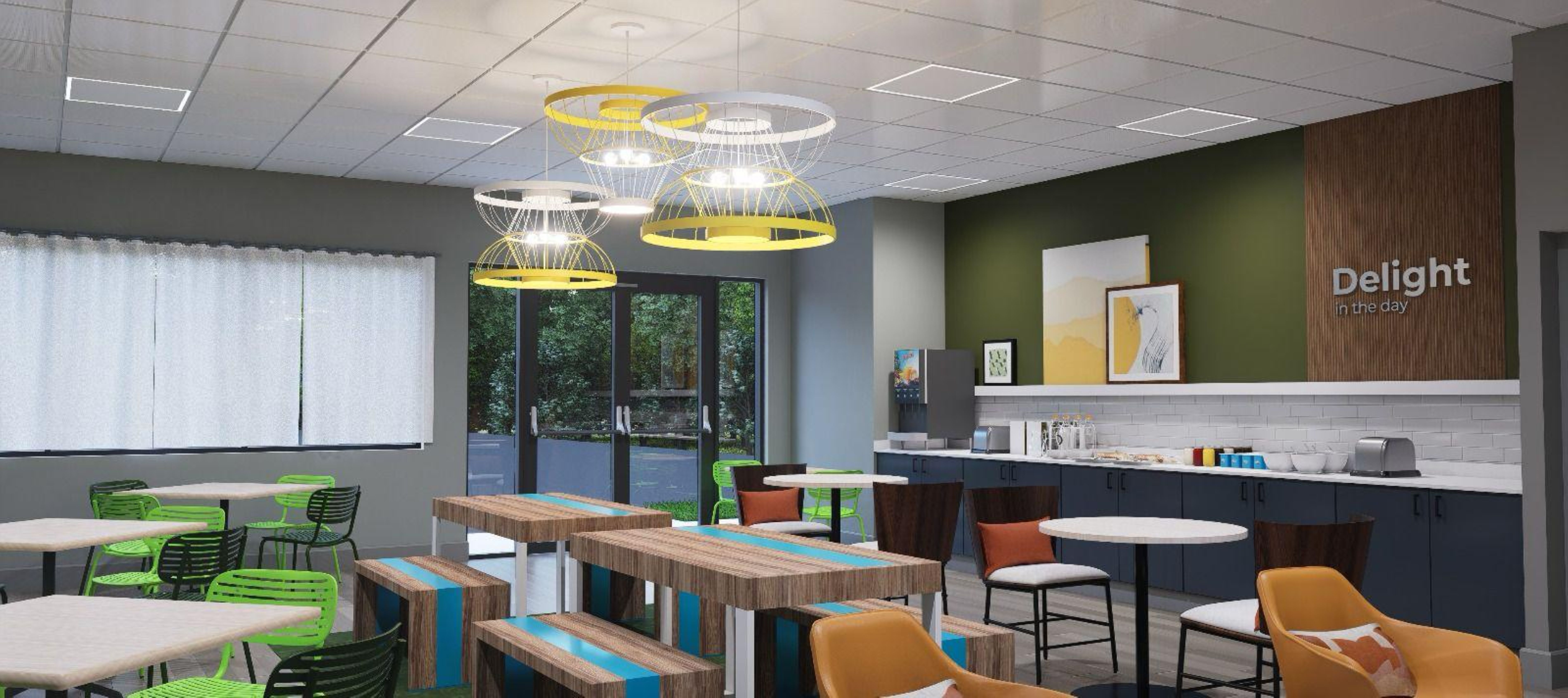 A breakfast area with various seating options