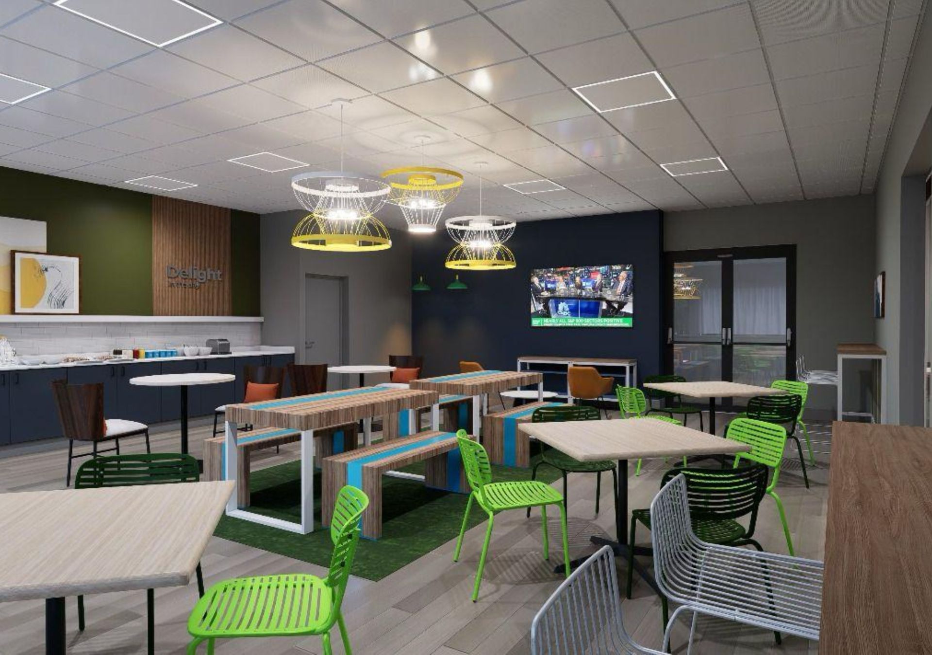 A breakfast area with various seating options