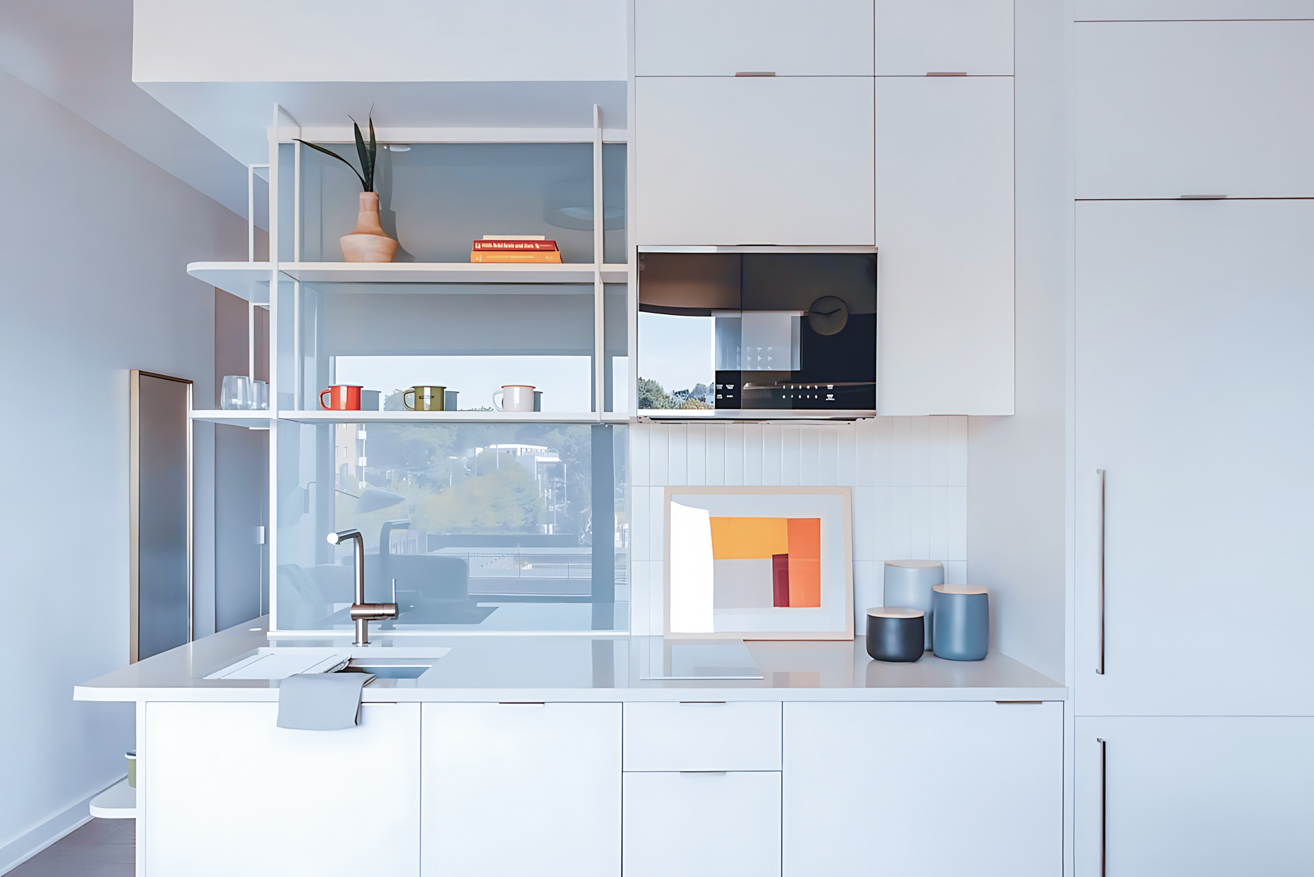 A kitchen with open shelving with books and a vase and mugs and stemless glasses and white cabinets and countertops with framed artwork and a white refrigerator.