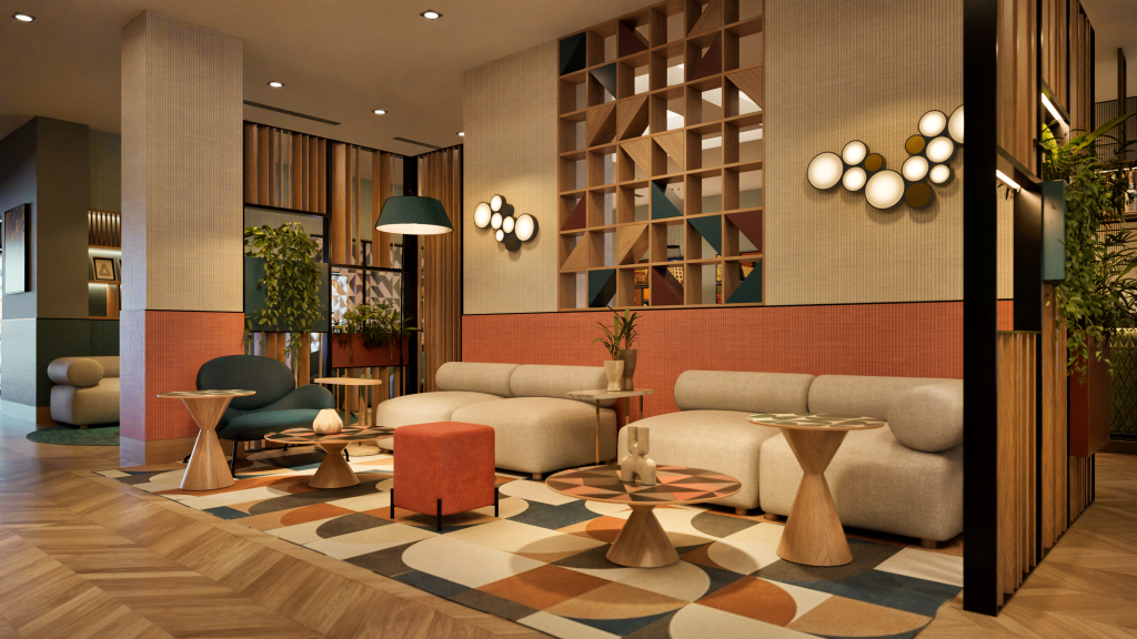 A cozy lobby seating area with couches and wood accents