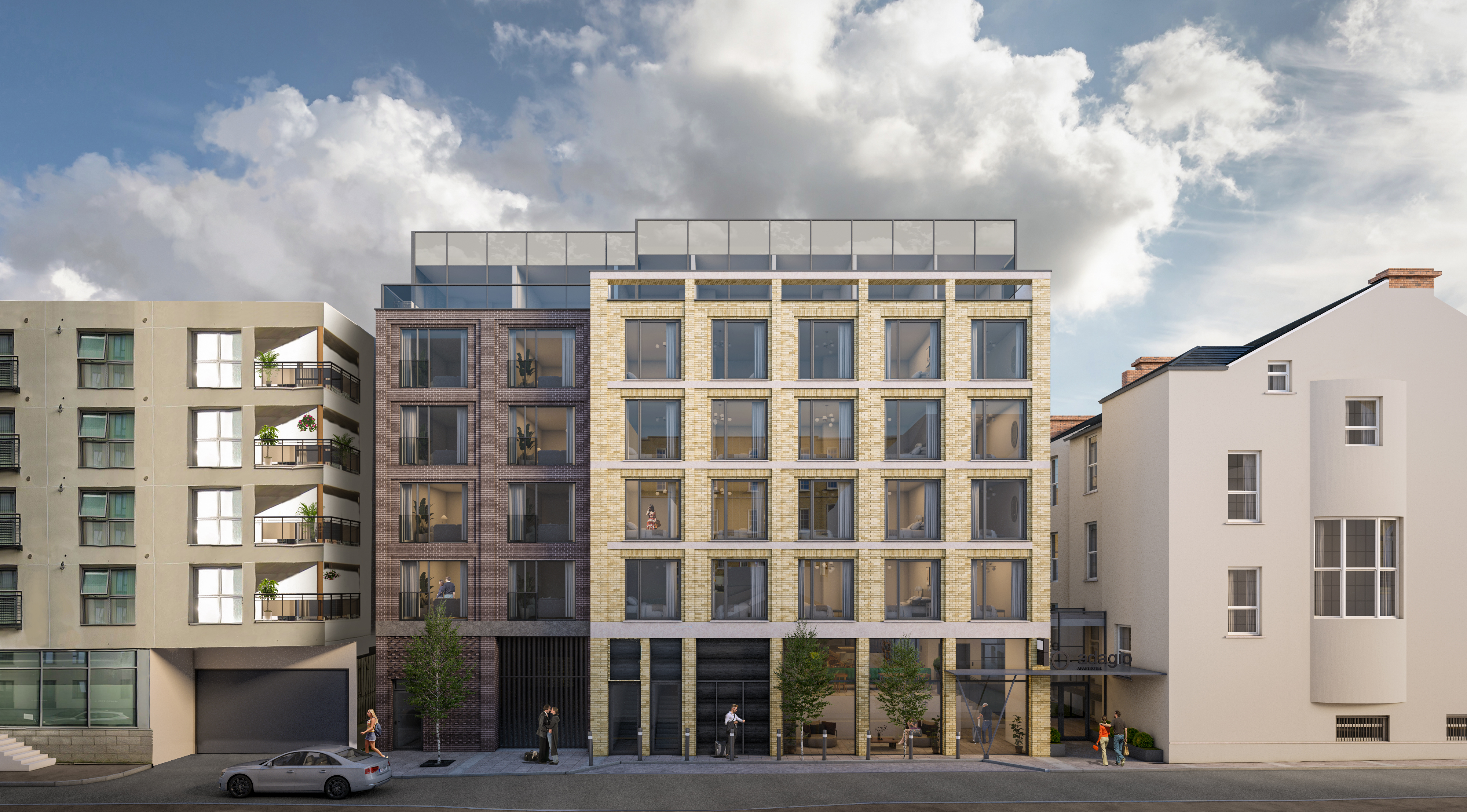 Modern residential building with brick facade, grid windows, rooftop glass structure, street trees, and neighboring apartments under a cloudy sky.