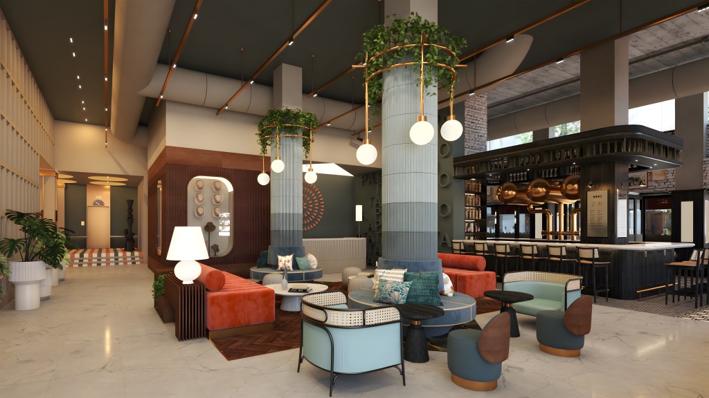 Modern hotel lobby with colorful seating, bar with stools, greenery-topped columns, large windows, and stylish industrial design.
