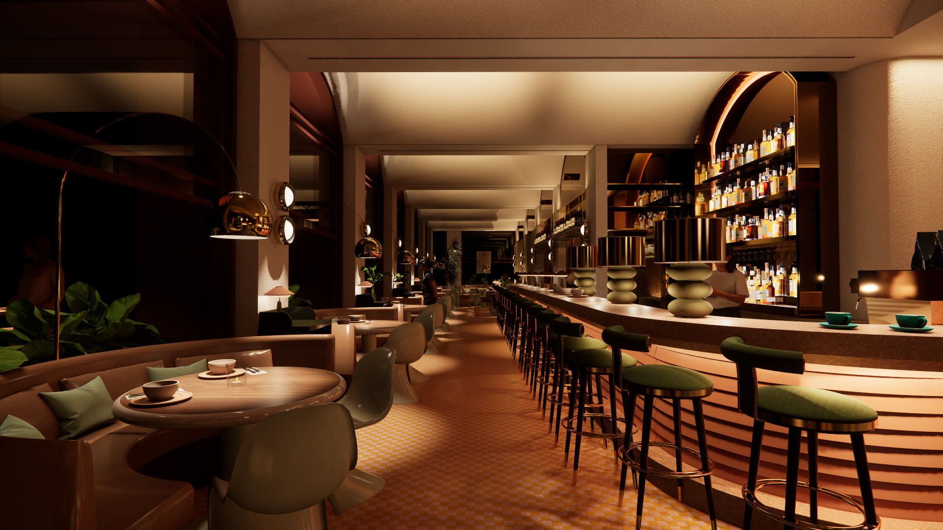 Modern, warmly lit bar with green cushioned stools, stocked shelves, curved booth seating, round tables, and a warm checkered floor creating an inviting lounge atmosphere.