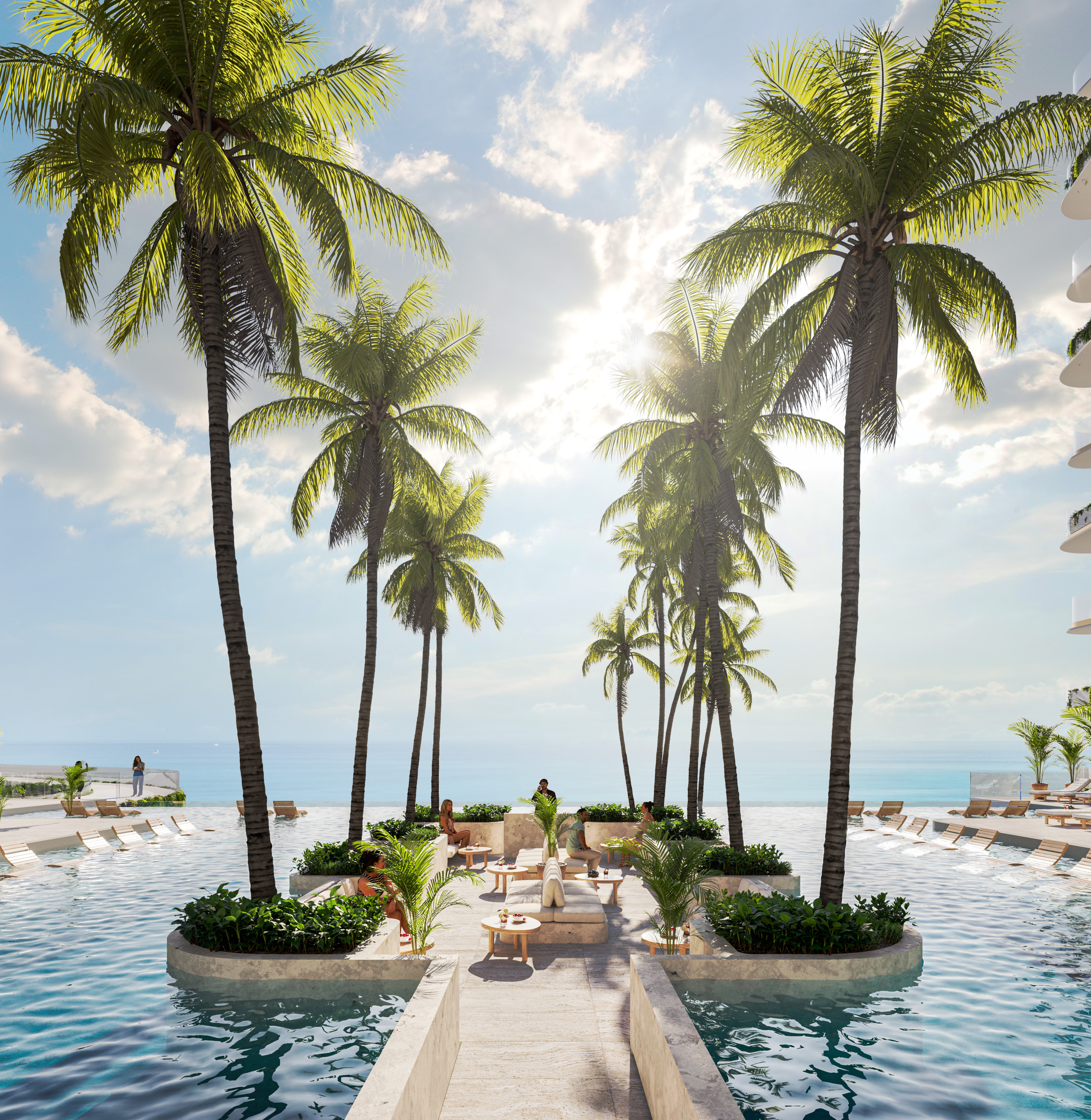 Palm trees surround a modern poolside seating area with ocean views under a sunny sky.