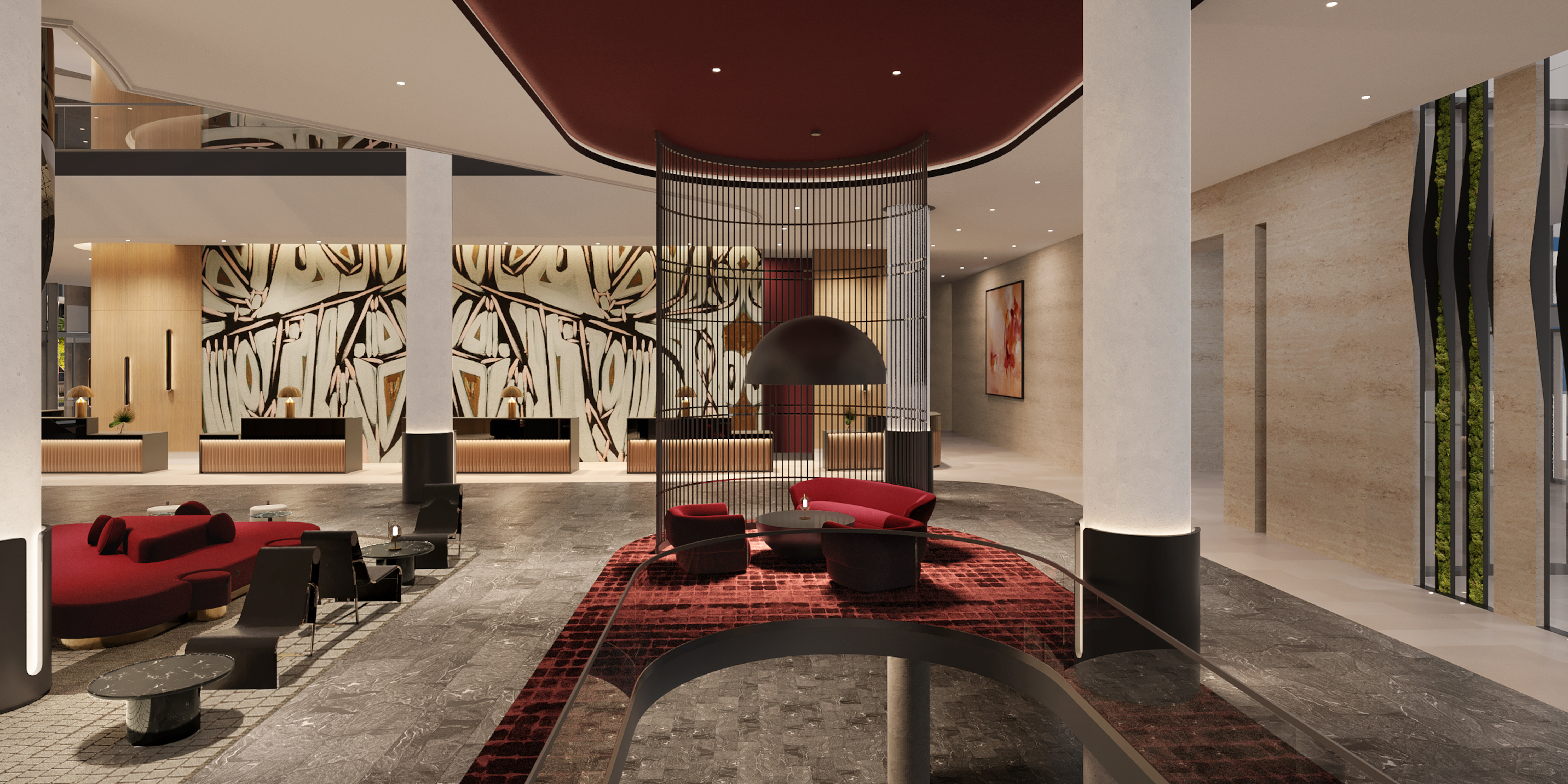 Modern hotel lobby with red and black seating area, abstract wall art, and marble flooring.