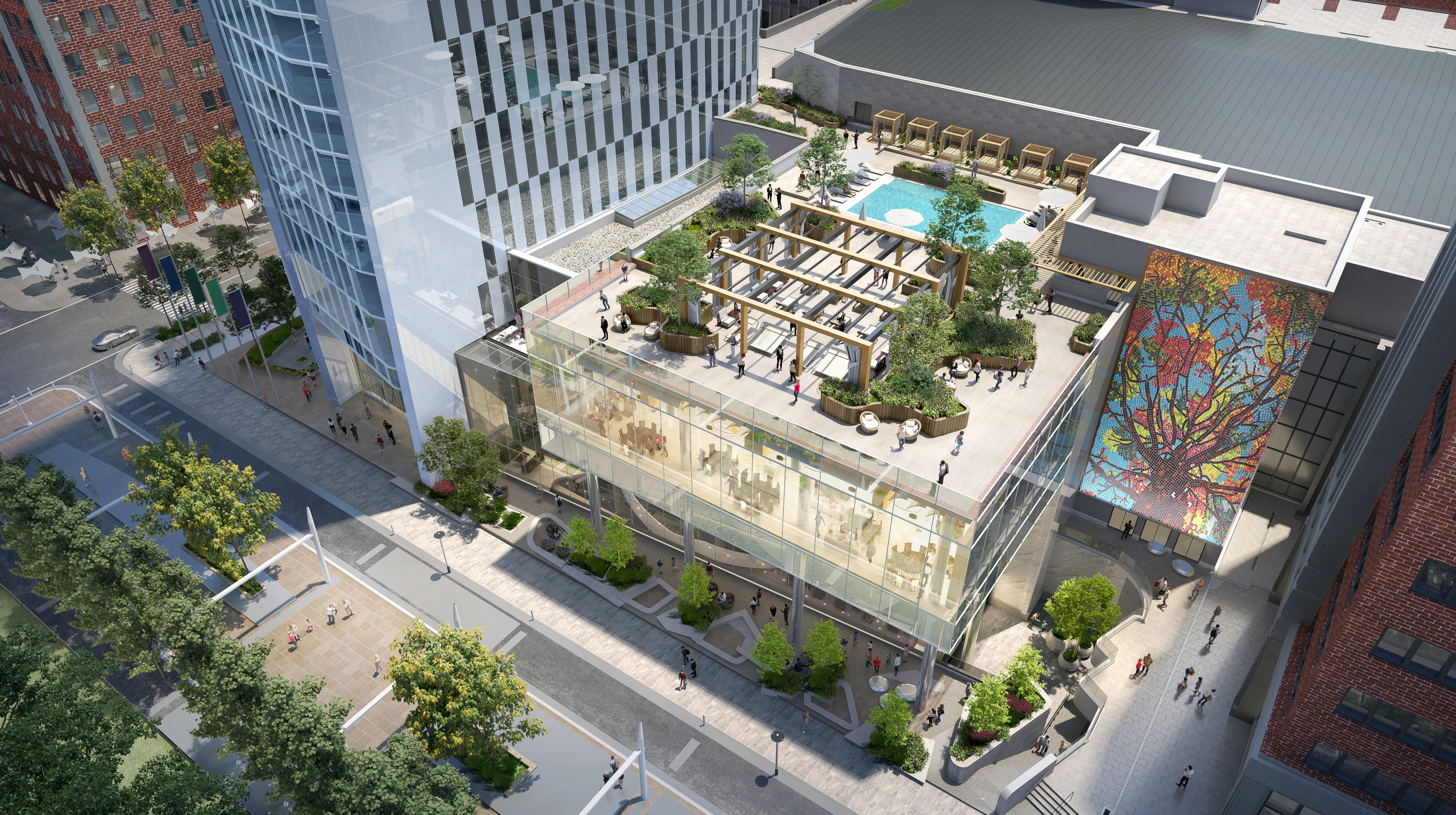 Modern multi-story building with a rooftop garden, pergola, swimming pool, and outdoor seating, surrounded by trees and urban streets.