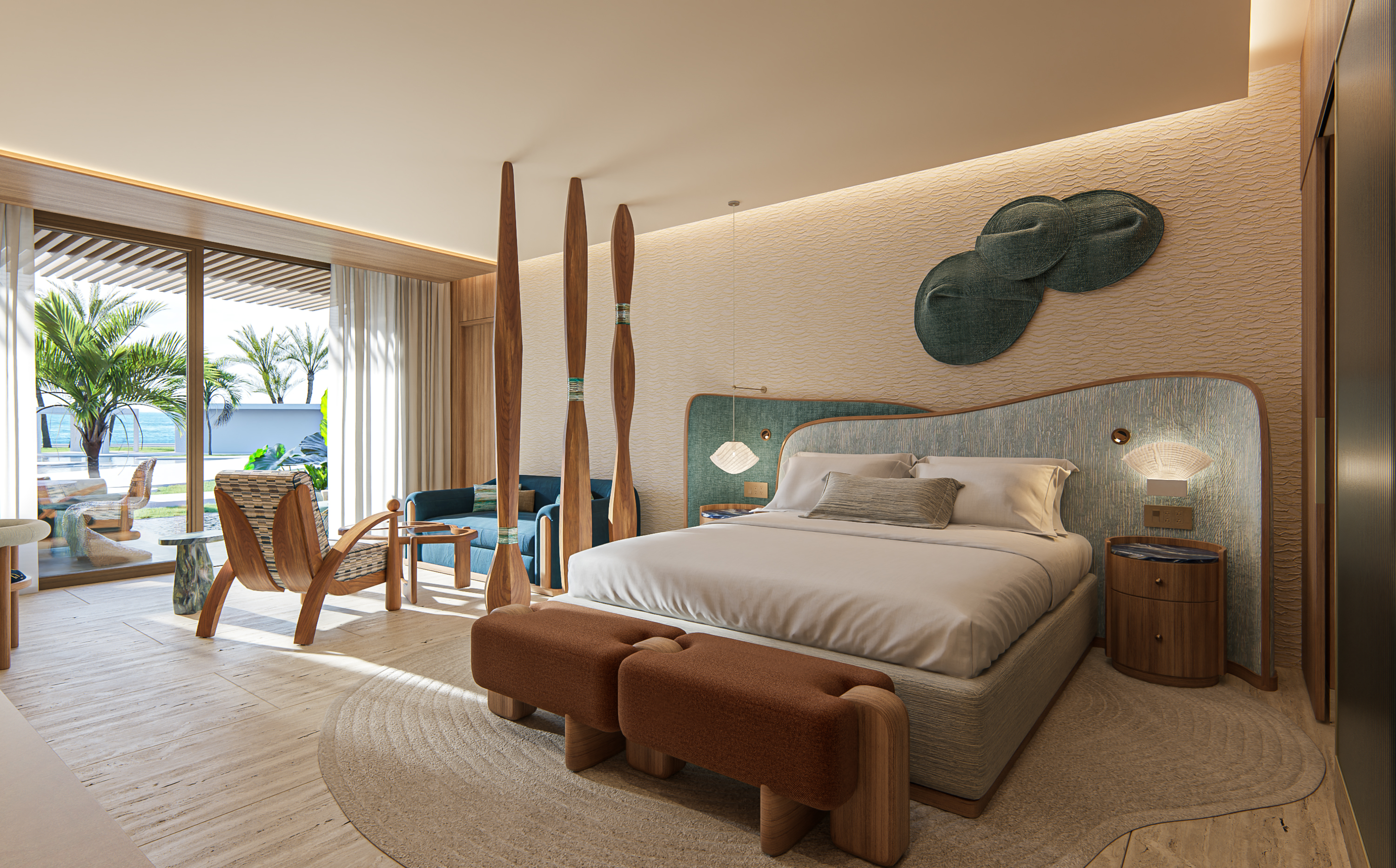 Modern bedroom with a large bed, wooden furniture, blue sofa, and sliding glass doors opening to a private patio with palm trees.