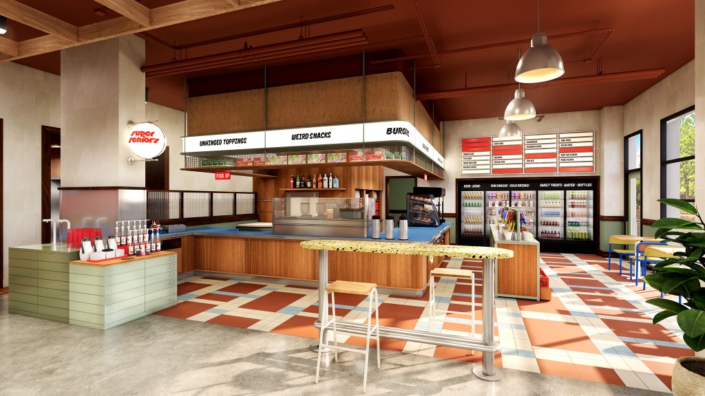 Modern fast-casual restaurant interior with a counter for ordering, condiment station, menu boards, and seating area with tables and stools.