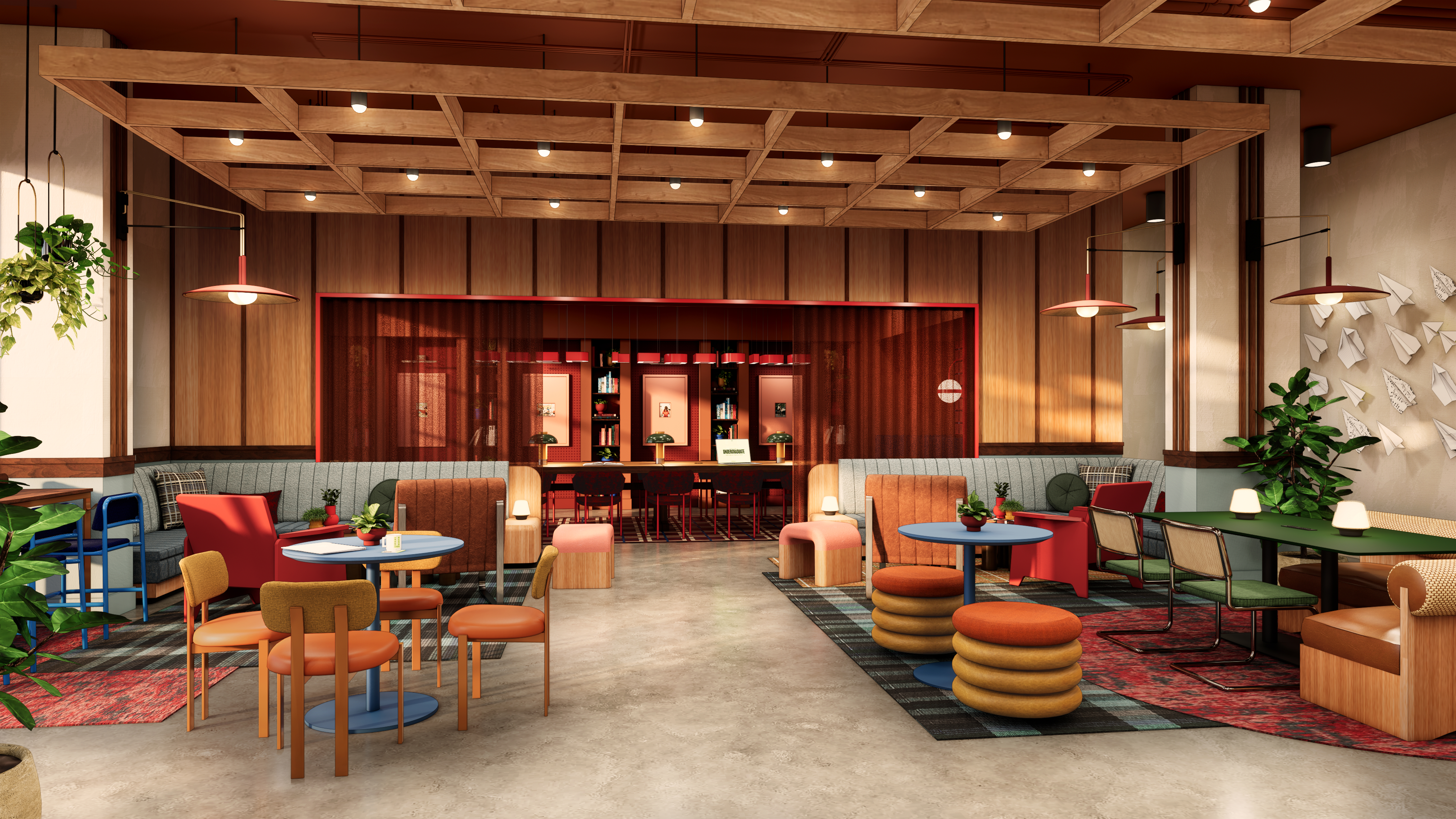 Modern co-working space with wooden ceiling grid, mixed seating including chairs, stools, and booths, and decorative plants.