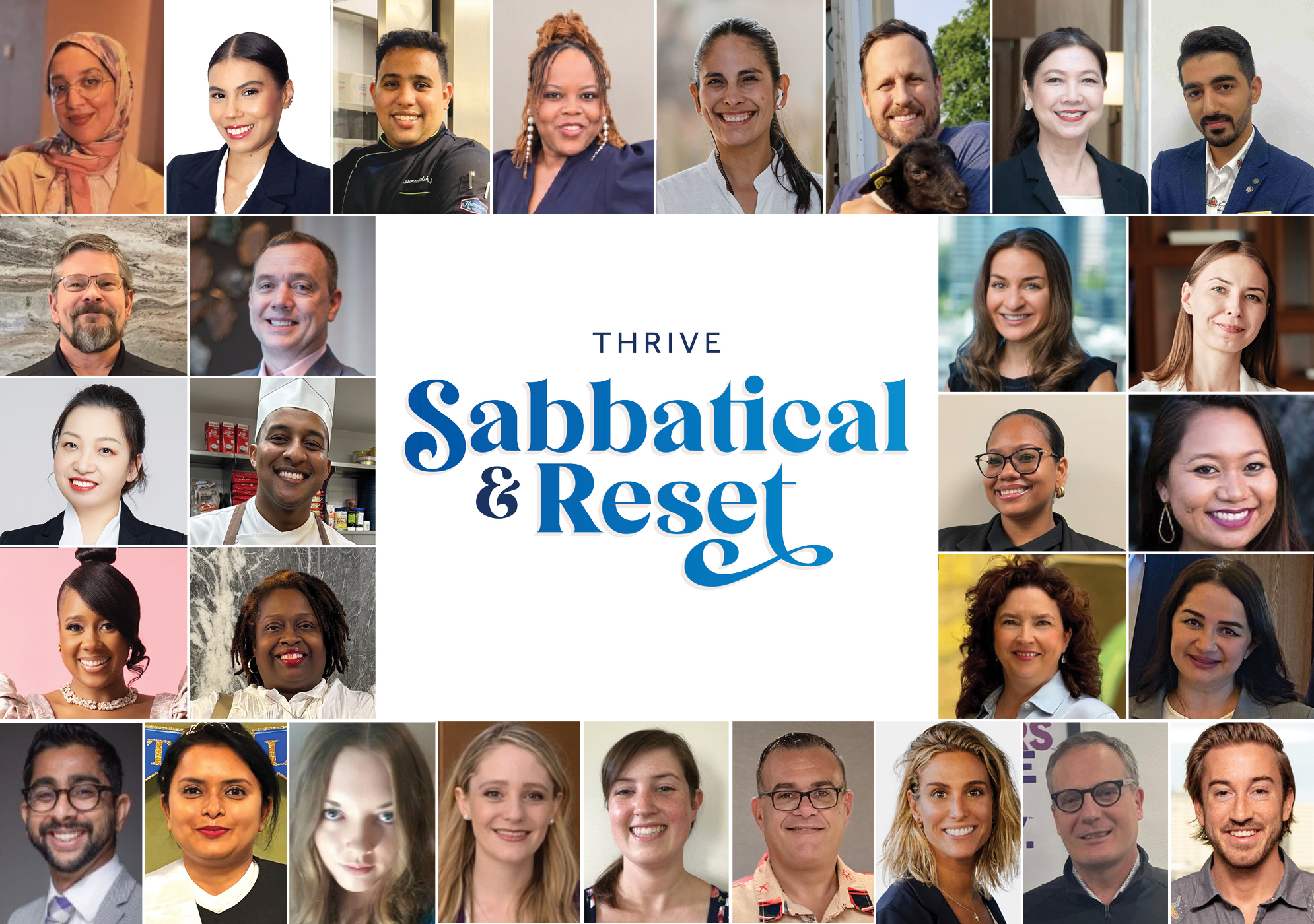 Collage of professional head shots for the Hilton 2026 Thrive Sabbatical and Reset Winners surrounding the text "Thrive Sabbatical & Reset" in blue font on a white background.