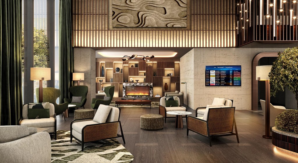 Modern hotel lobby at the Hilton Istanbul Airport with comfortable seating, a fireplace, decorative shelving, and a flight departure display screen.