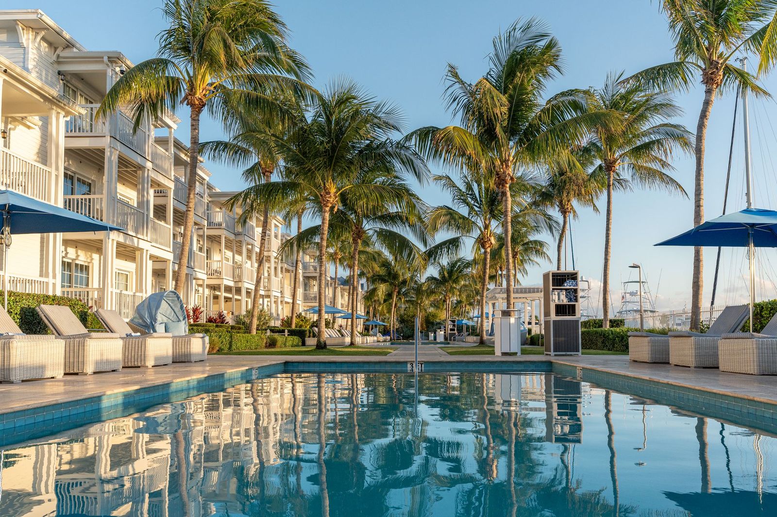 Resort pool surrounded by palm trees, lounge chairs, and white buildings under a clear blue sky.