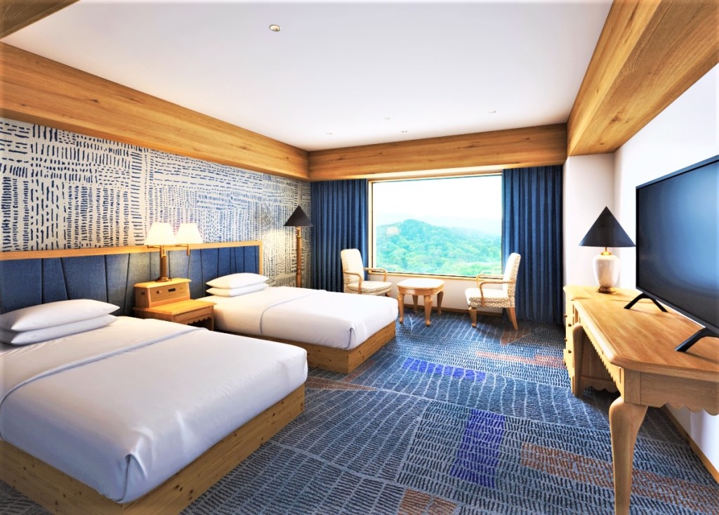 Hotel room at the Hilton Takayama Resort with two beds, a large window with a forest view, and a TV on a wooden desk.