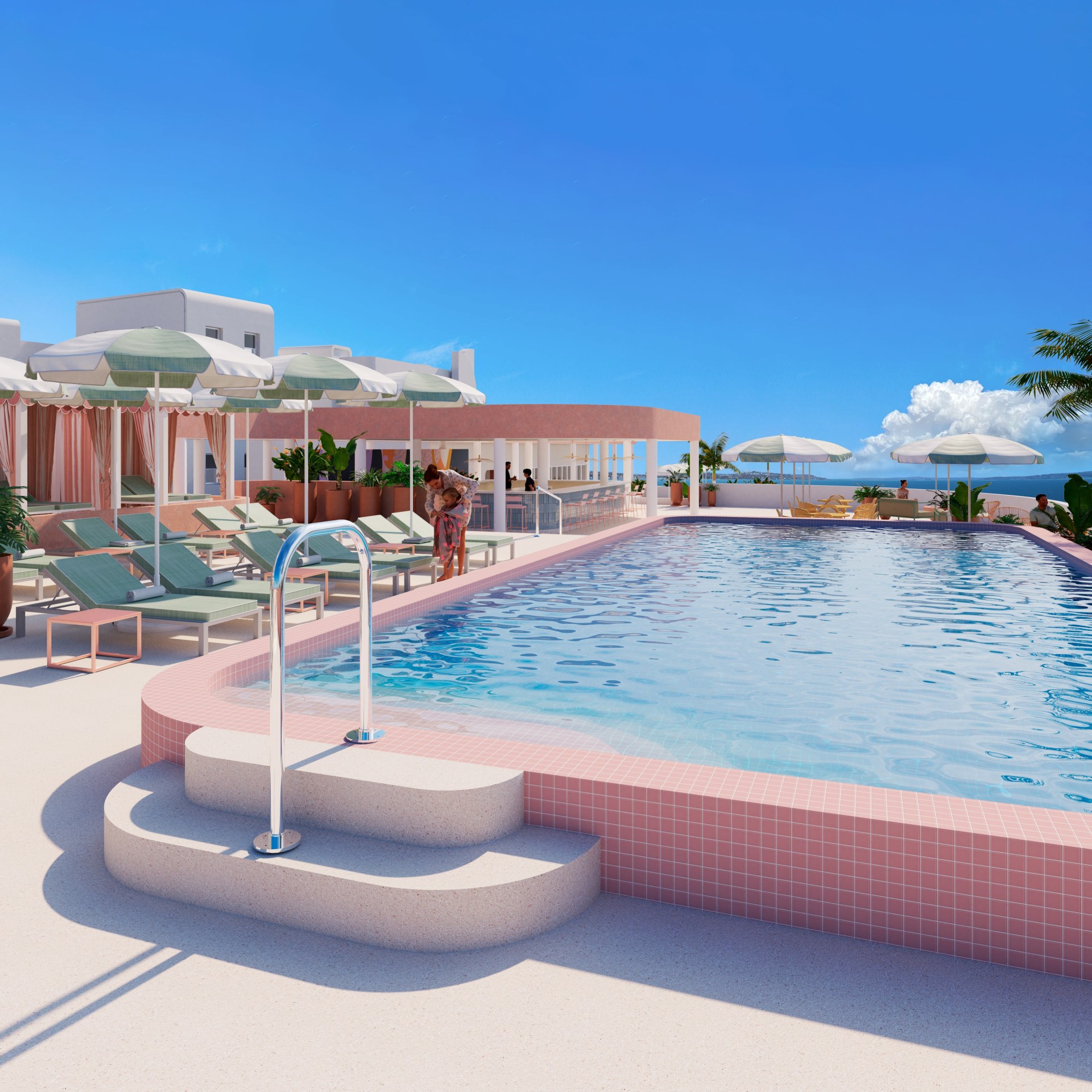 Pool area at the Perla La Paz, Tapestry Collection by Hilton with pink tiled edges, green lounge chairs, umbrellas, and a clear blue sky.