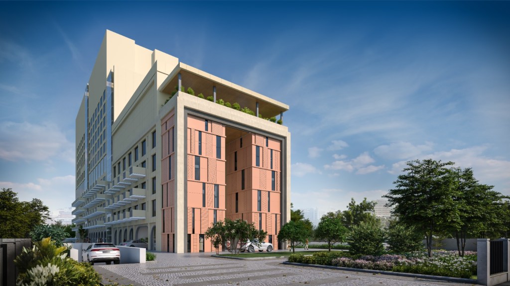 Modern multi-story building of the Slohh by Roach, Curio Collection by Hilton with a unique pink and beige facade, surrounded by greenery under a clear blue sky.