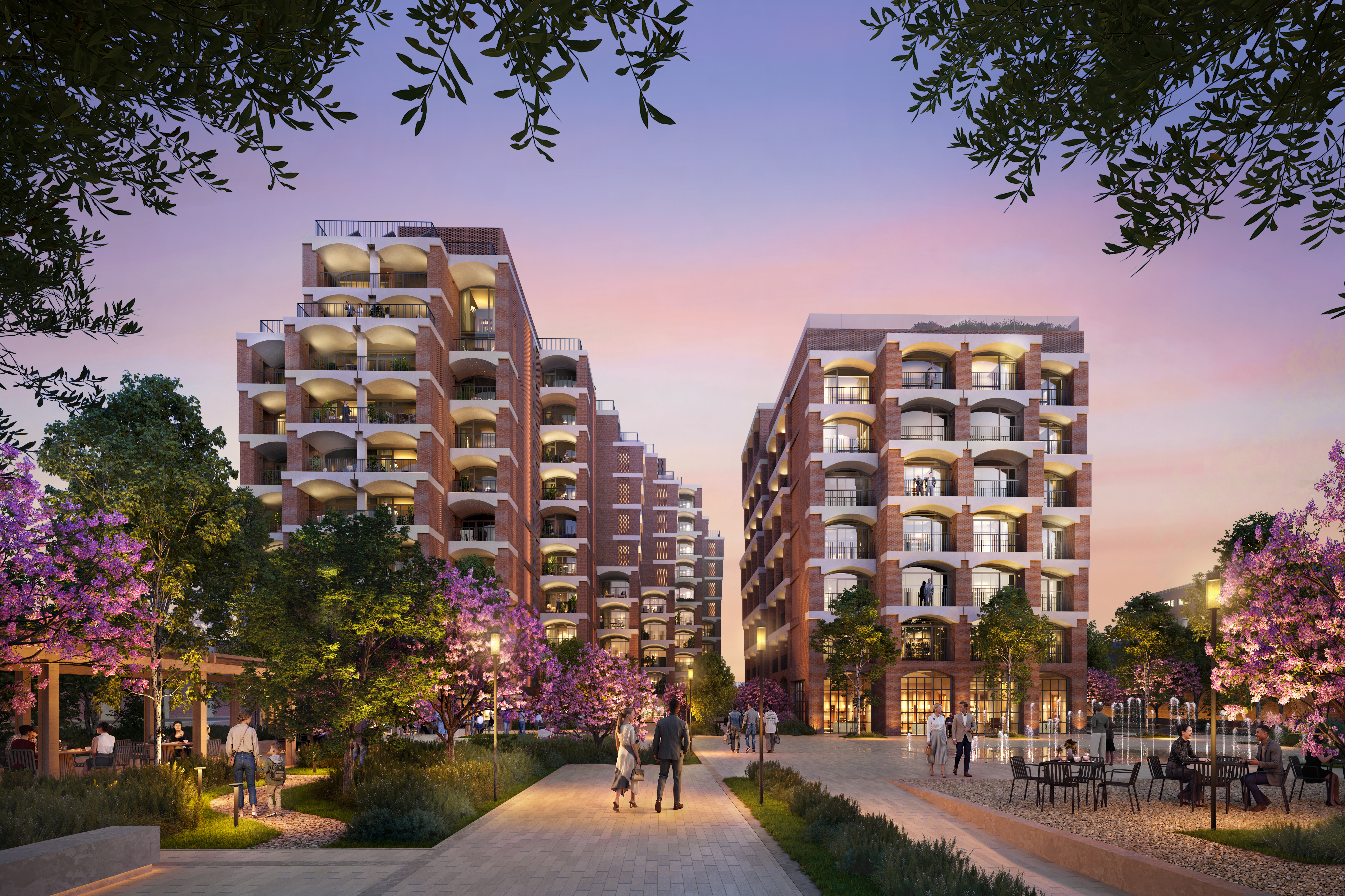 Modern Hilton Thessaloniki buildings with balconies line a tree-filled courtyard at dusk.