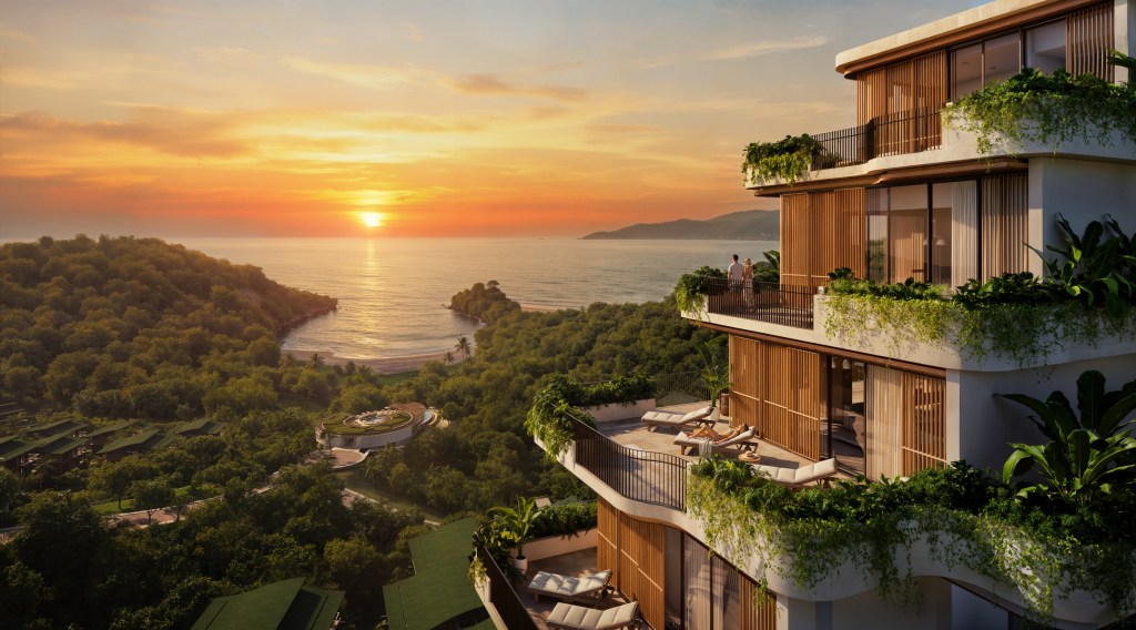 Hotel rendering of modern building balconies with greenery that overlook a forested coastline at sunset.