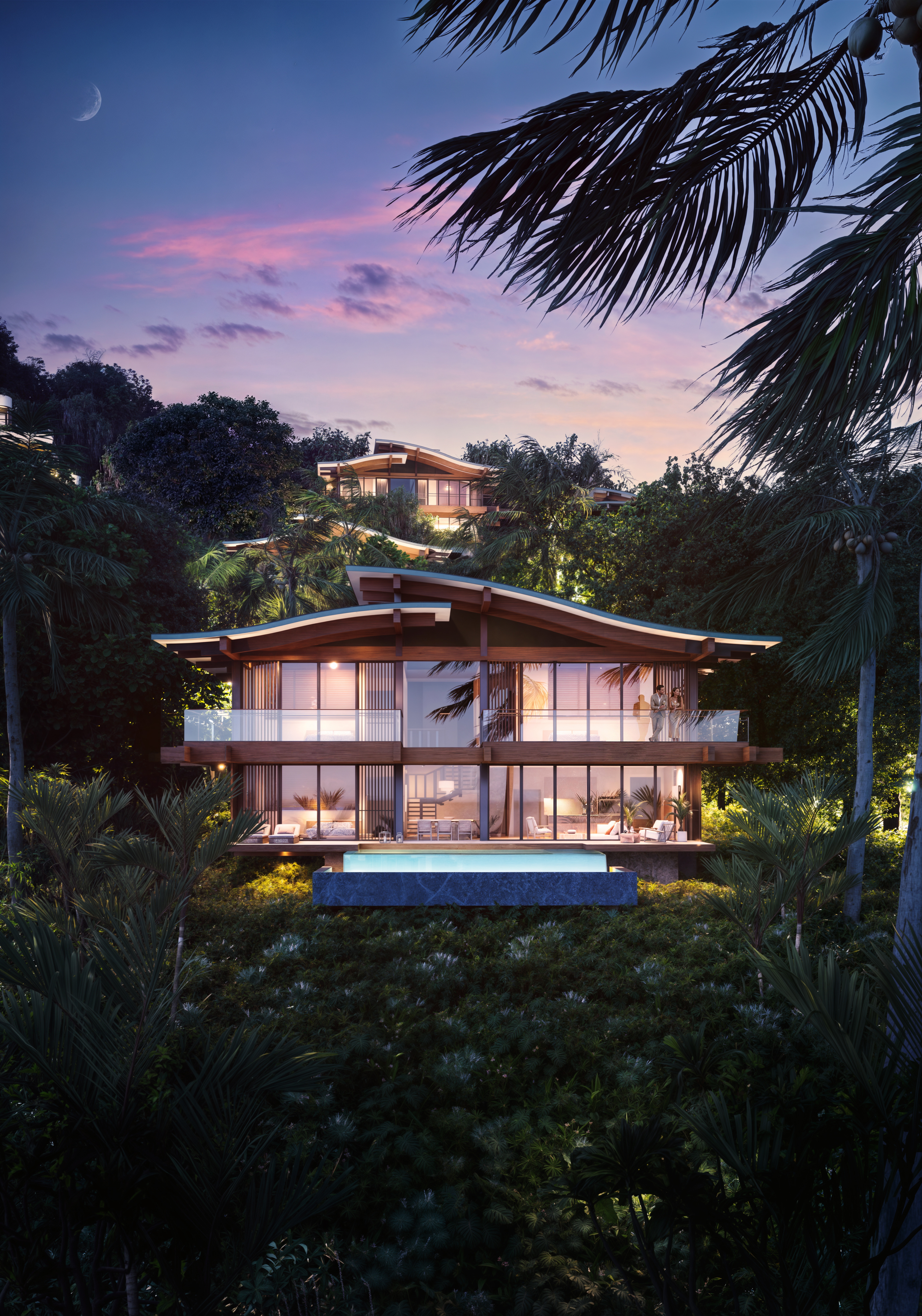 Maravé Manuel Antonio, LXR Residences - Villas Rendering - Modern two-story villa with large glass windows and a pool, surrounded by lush greenery at dusk.