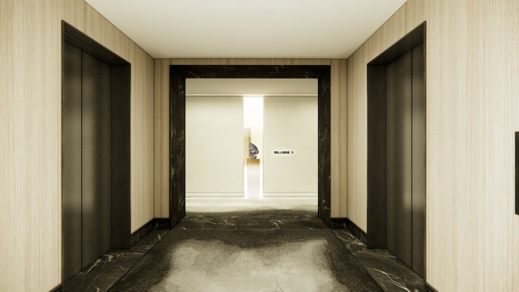 Vestíbulo Signia Restore Elevator con dos ascensores cerrados a cada lado y un pasillo que conduce a una zona de bienestar.