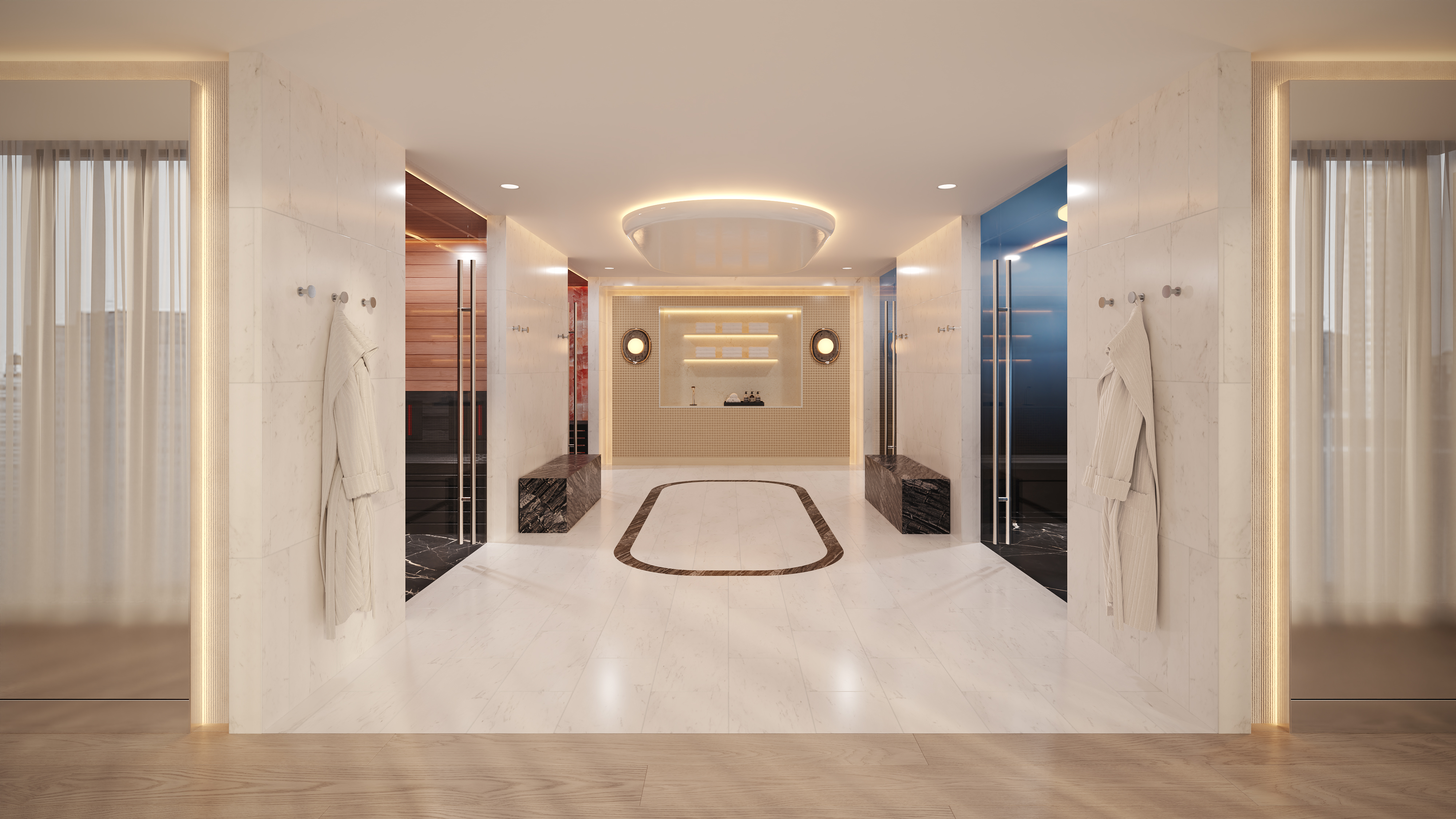 Signia Restore luxurious spa changing room with marble floors, wooden benches, illuminated ceiling, and robes hanging on marble walls.