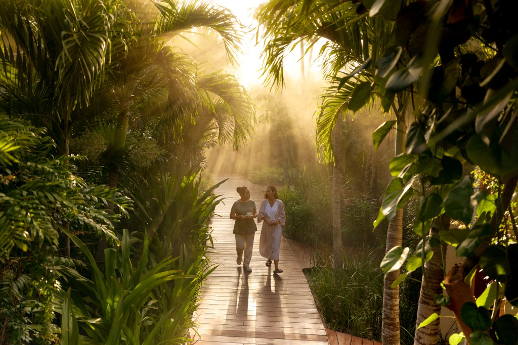 Two women walking and talking on a wooden path surrounded by lush tropical plants with sunlight streaming through the trees at Conrad Tulum Riviera Maya.