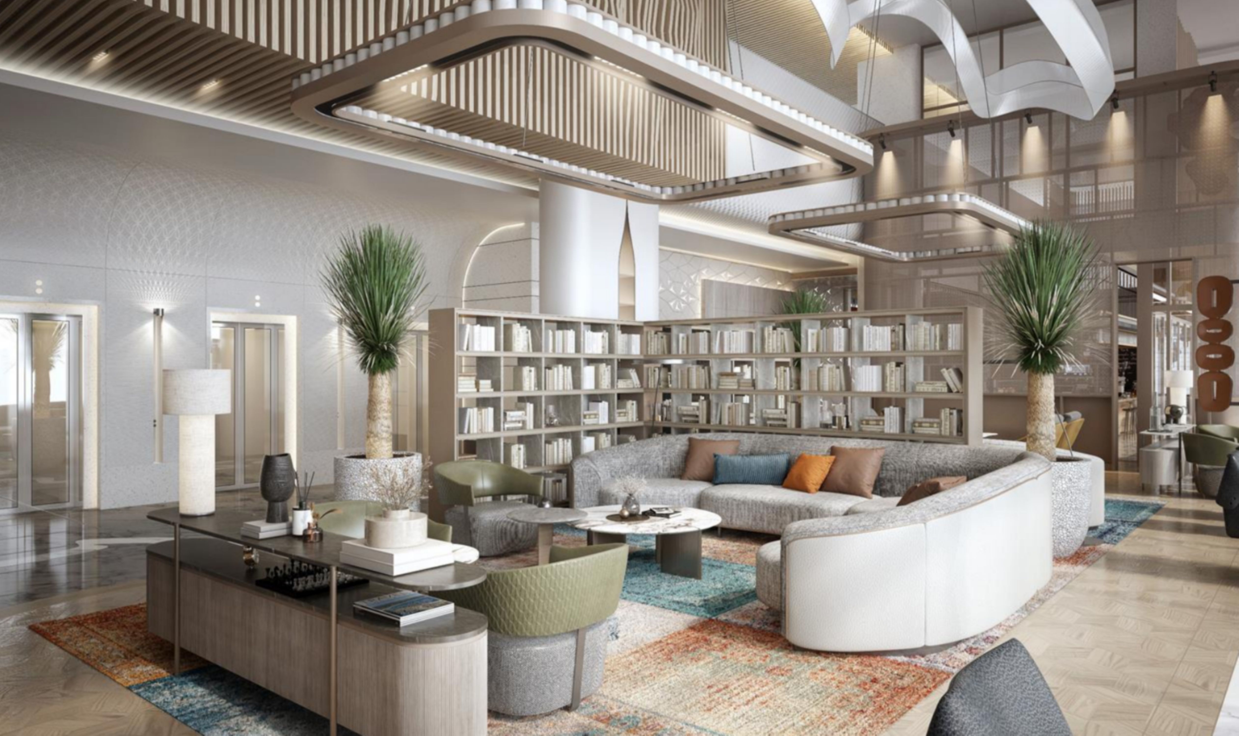 Modern lobby of the DoubleTree by Hilton Jeddah Al Nahda with a large curved sofa, green chairs, a bookshelf divider, and decorative plants under unique ceiling lights.