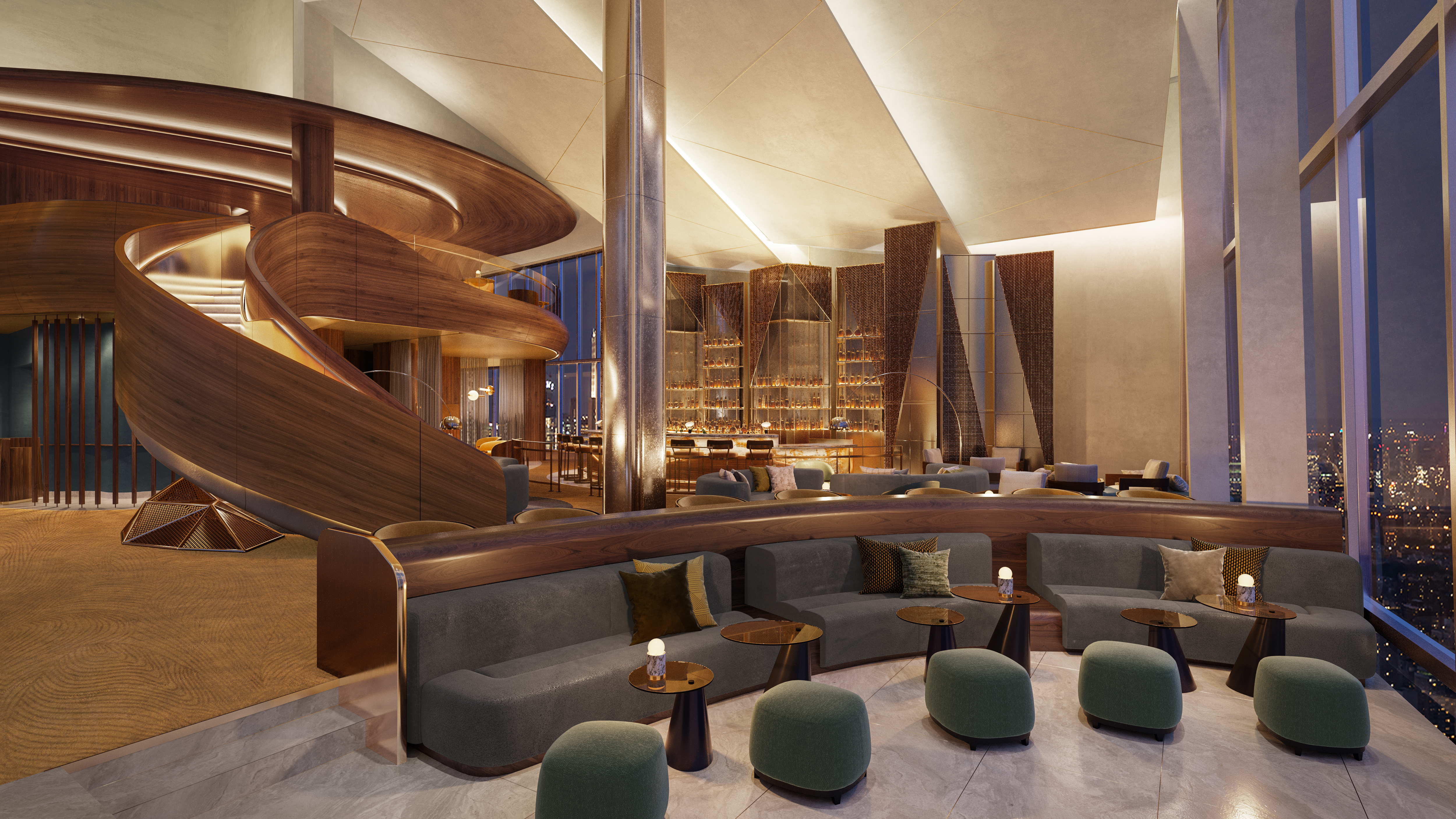 Luxurious modern lounge at the Signia Hilton Indianapolis with curved wooden staircase, gray sofas, green ottomans, and city skyline visible through large windows at night.