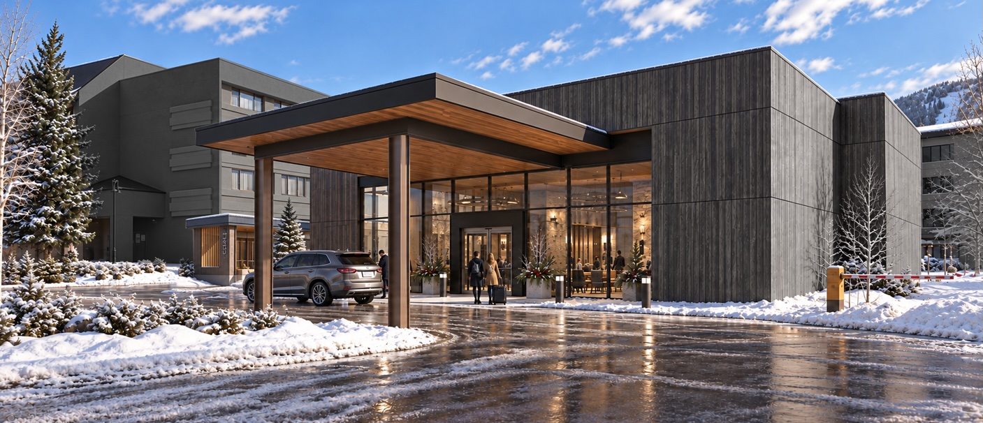Modern building entrance of the Valley House Avon, Outset Collection by Hilton with large glass doors and wooden canopy, surrounded by snow-covered ground and trees under a blue sky.