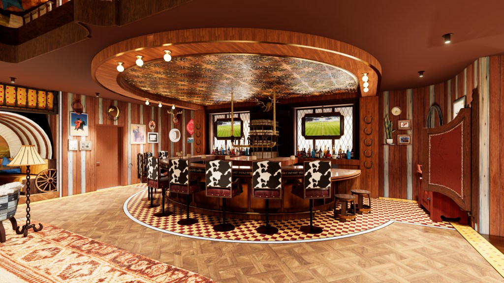 Western-themed bar with cowhide chairs, wooden walls, decorative ceiling, and two TVs showing a soccer game.