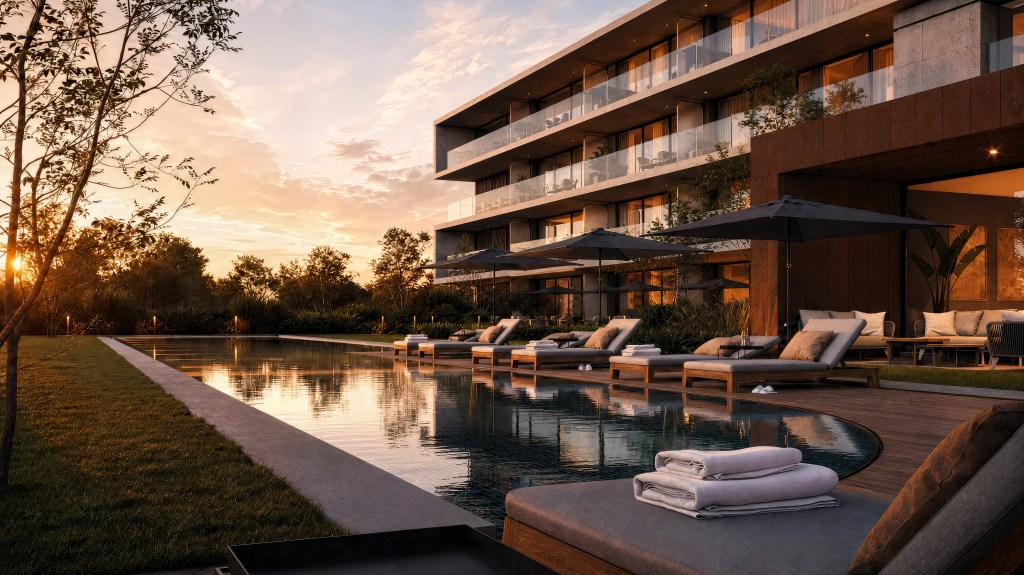 Modern hotel poolside with lounge chairs, umbrellas, and a sunset reflecting on the water.