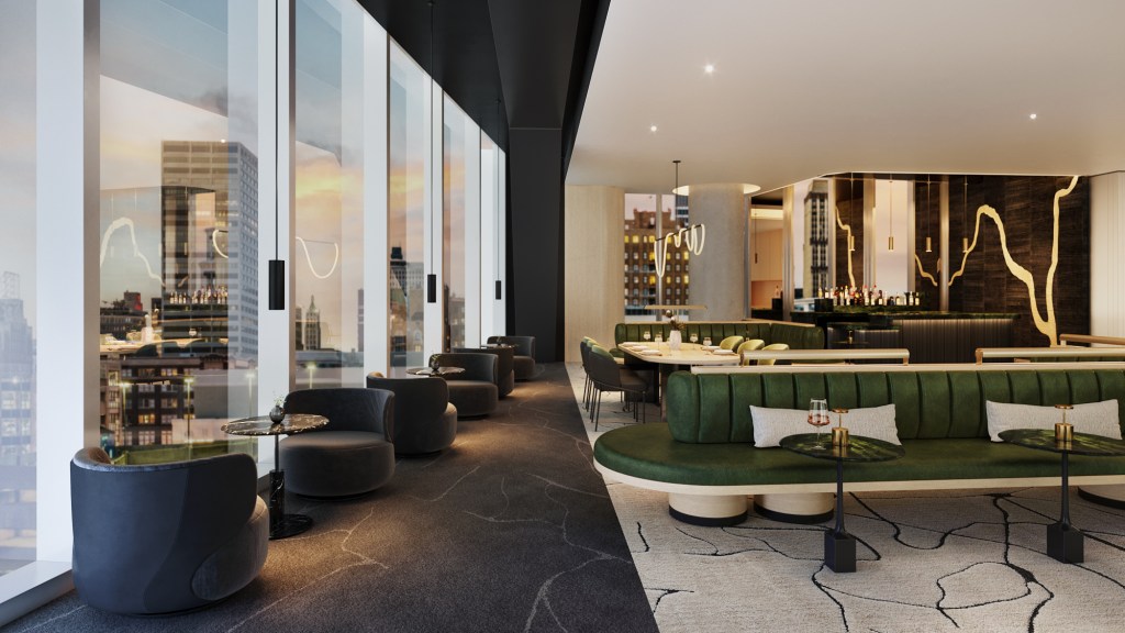 Modern lounge area at the Signia Hilton Indianapolis with green curved sofas, black armchairs, marble tables, and large windows overlooking a cityscape at sunset.
