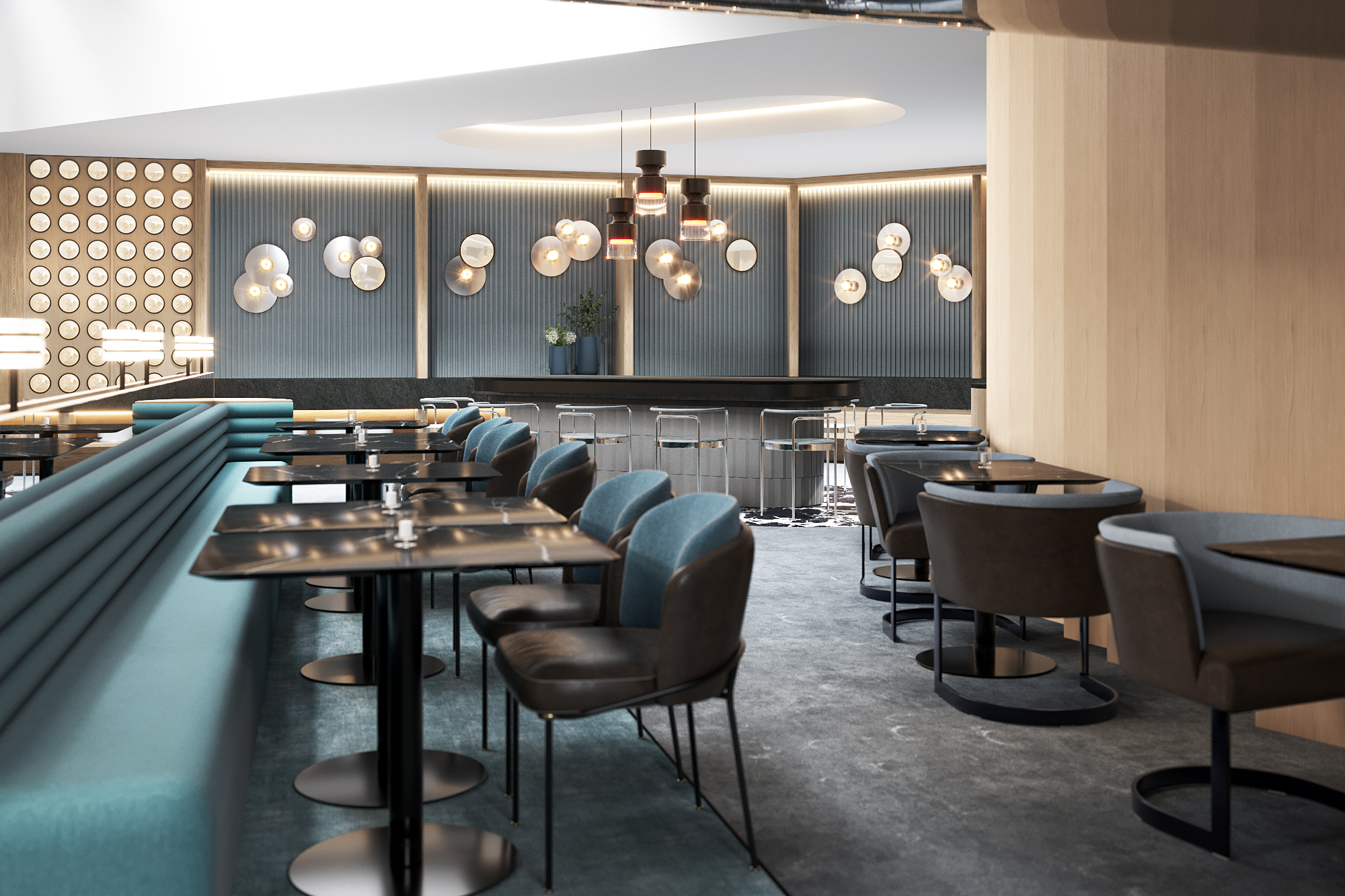 Modern restaurant interior at the Signia Hilton Indianapolis with teal banquette seating, black tables, and blue and brown chairs, featuring decorative wall lights and pendant lamps.