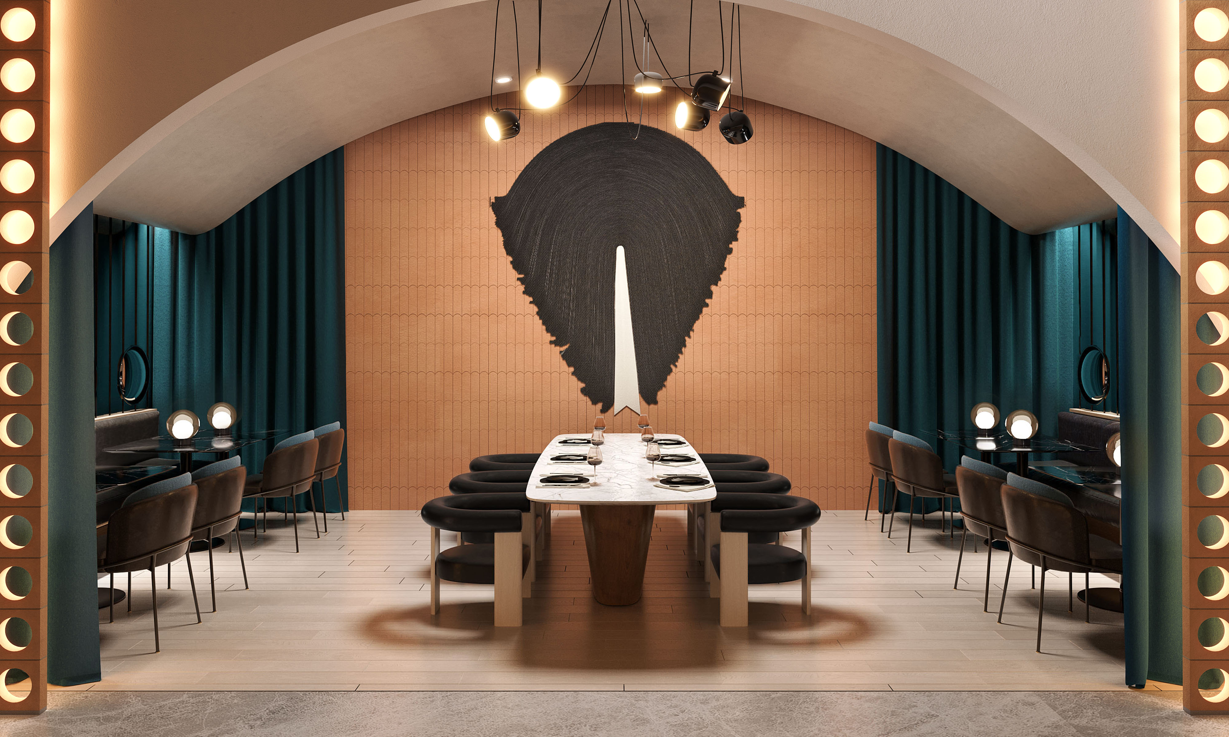 Modern dining area at the Signia Hilton Indianapolis with a long marble table, black cushioned chairs, teal curtains, and a large black wall art piece under an arched ceiling.