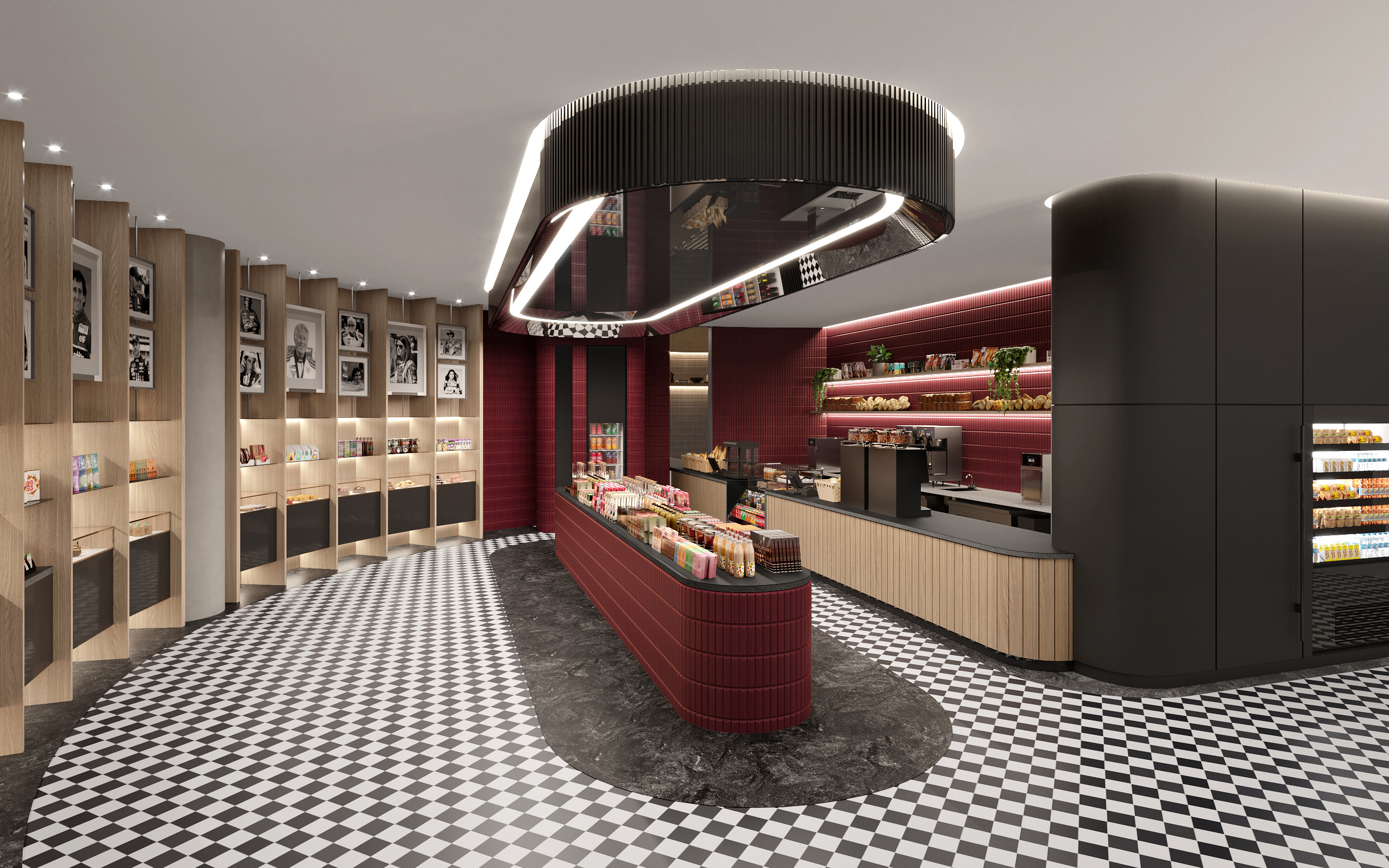 Modern breakfast area at the Signia Hilton Indianapolis with a curved display counter, checkered floor, wood-paneled walls, and shelves with baked goods and plants.